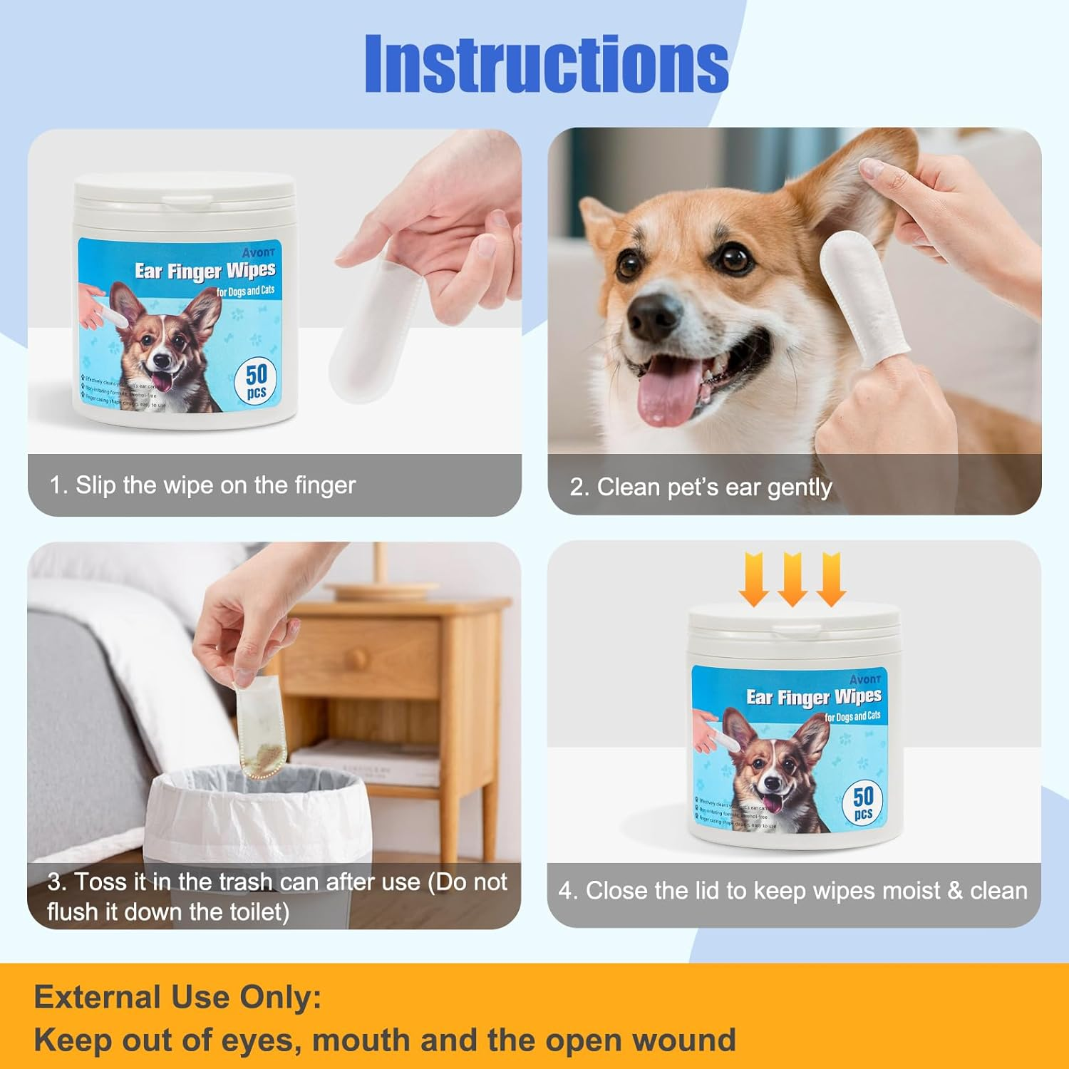 Avont 2 Pack Dog Ear Cleaner Wipes, Gentle Ear Relief Cleaning Finger Sheath for Cats Pets, 100 Disposable Pieces image number 3
