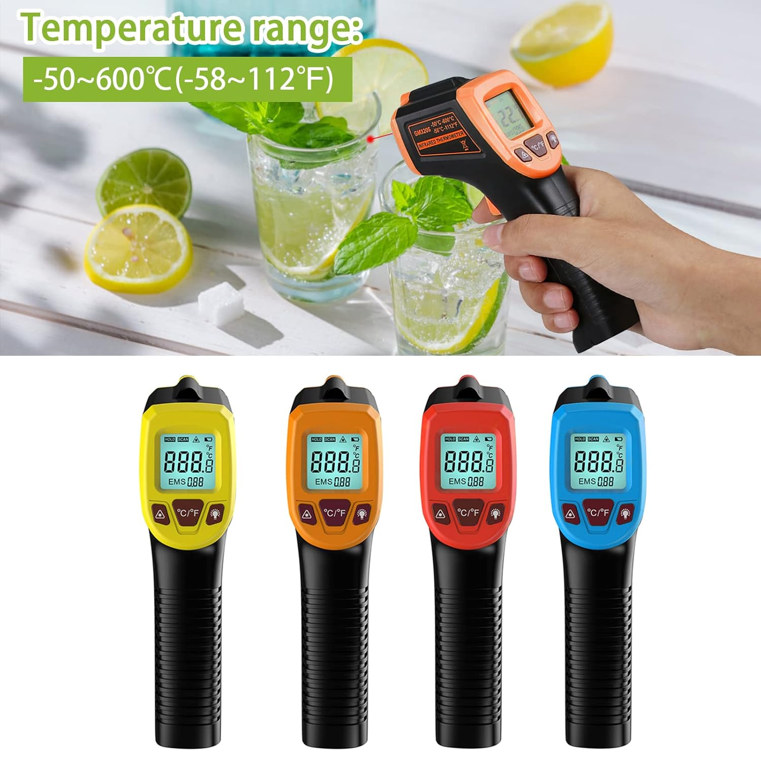 Infrared Thermometer, Non-Contact Digital Industrial Temperature Gun -58&deg;F to 1112&deg;F (-50&deg;C to 600&deg;C) with LCD Display,Orange image number 3