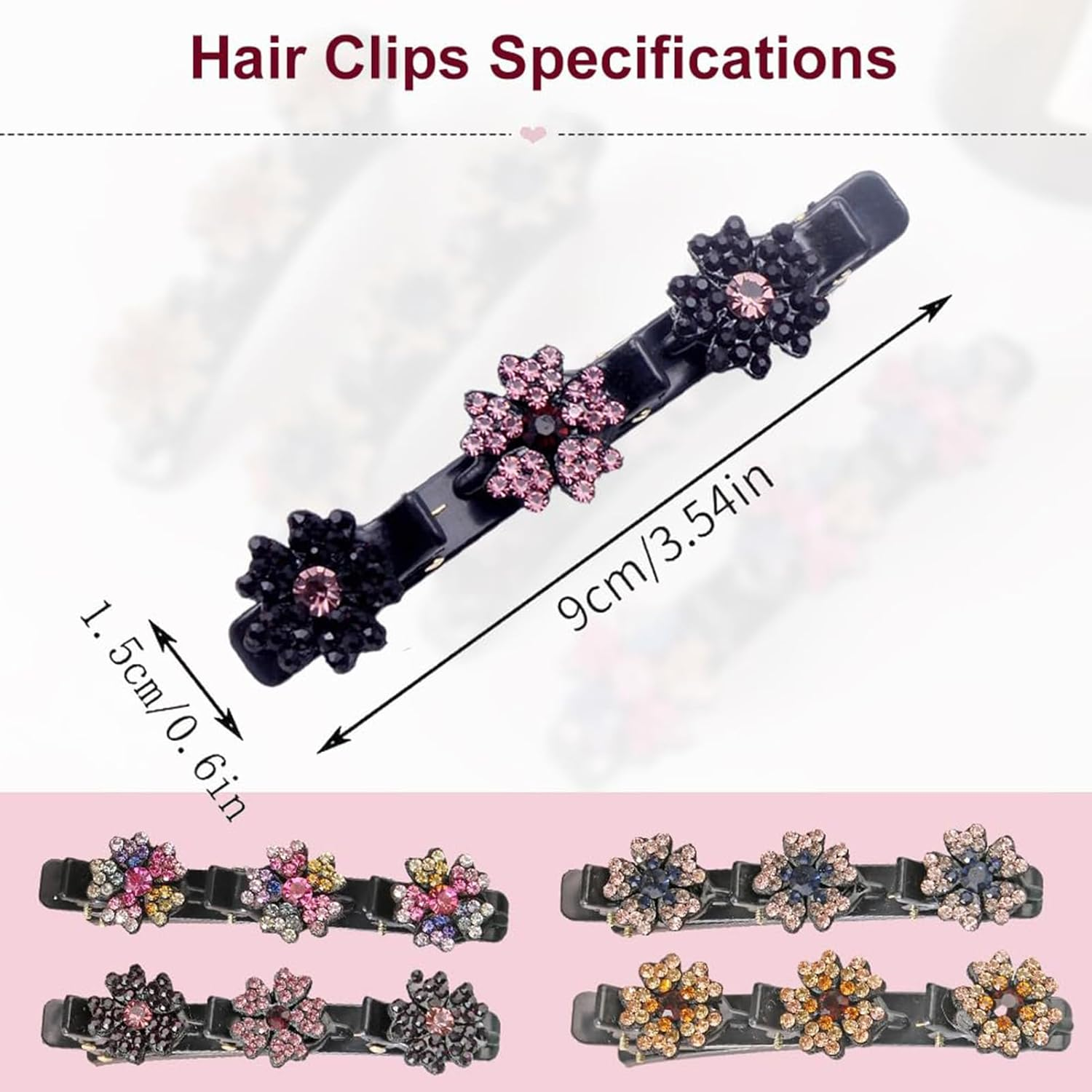 Sparkling Crystal Stone Braided Hair Clips, New Satin Fabric Hair Bands Rhinestone Four-Leaf Clover Hair Clip for Styling, Braided Hair Clips for Women and Girls (Colorful, Standard) image number 1