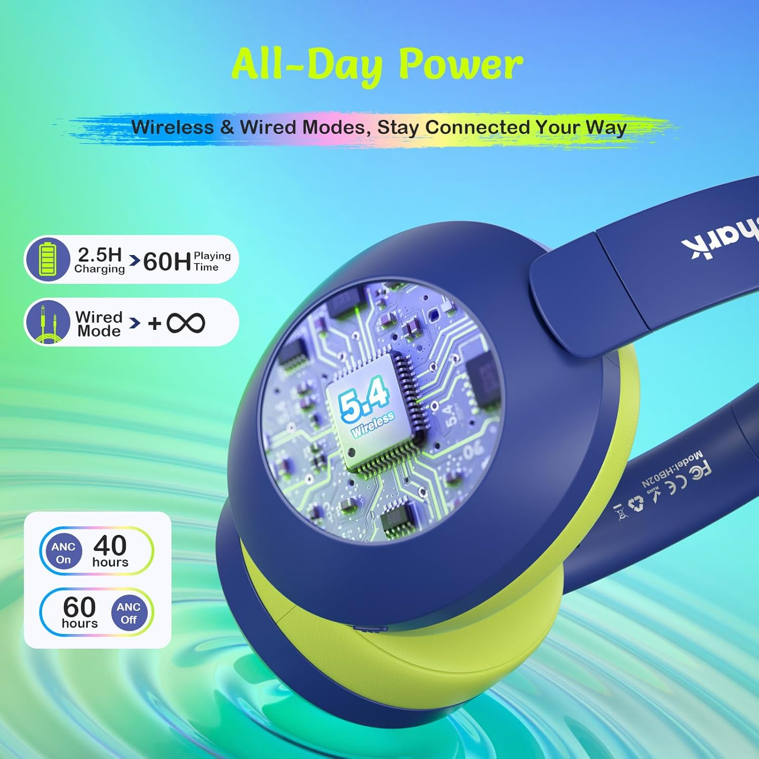 TONOSHARK Noise Cancelling Headphones for Kids, Kids Headphones Wireless, RGB LED Lights, Gaming Headset, 60H Playtime, Bluetooth 5.4, Built-In Microphone for Home/School-Includes Portable Case (Blue) image number 3