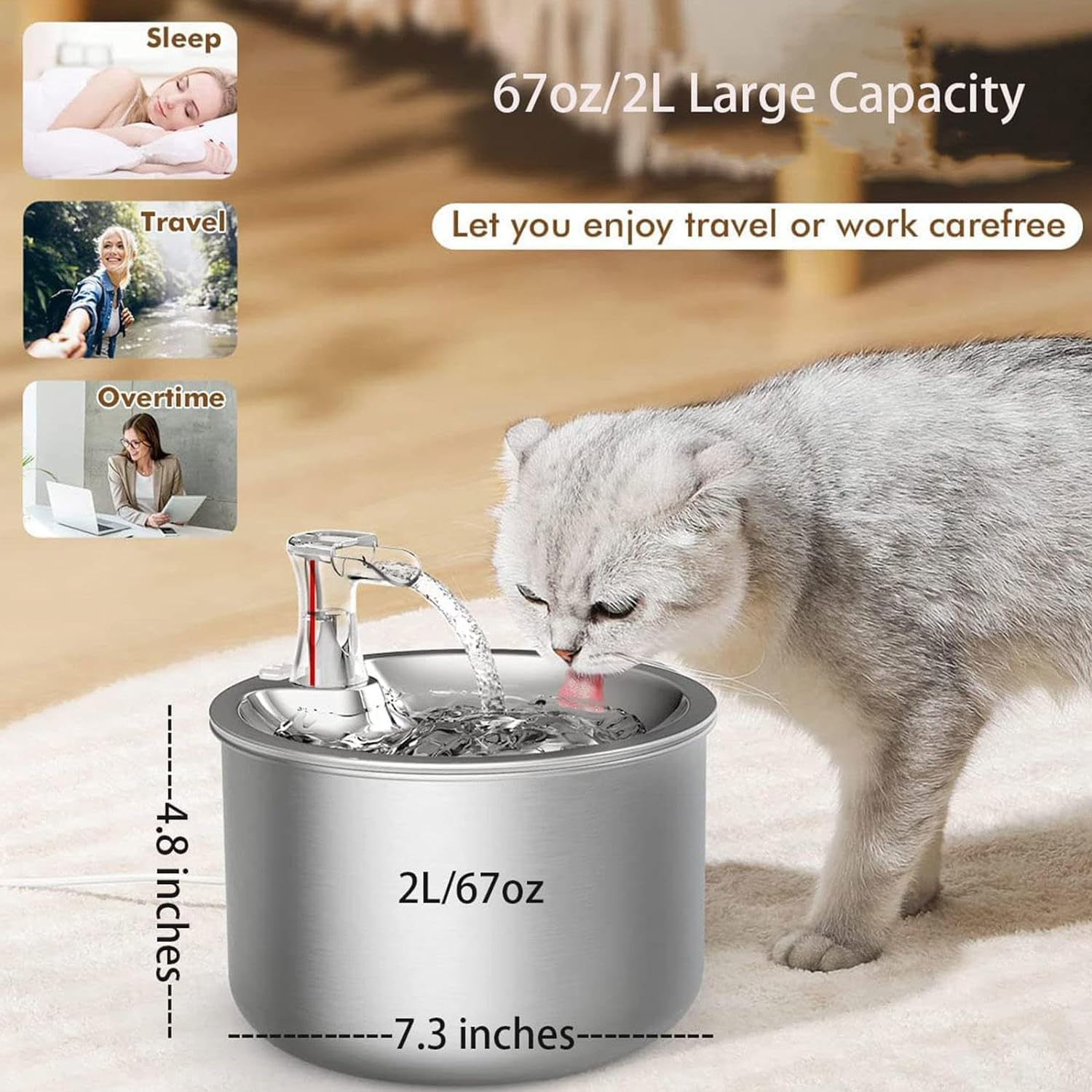 Dog Water Bowl 2L/67OZ Automati Pet Water Fountain Stainless Steel inside Ultra-Quiet Pump Cat Water Fountain for Small/Large Cats and Dogs Pet Bowl