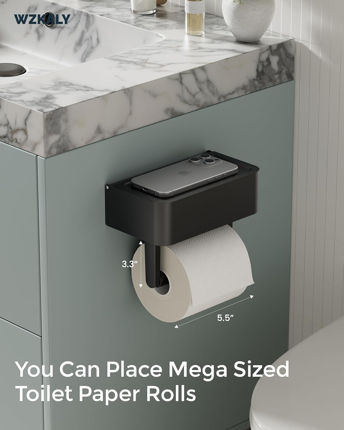 WZKALY Toilet Paper Holder with Shelf - Flushable Wipes Dispenser & Storage Fits Any Bathroom, Keep Your Wet Wipes Hidden - Stainless Steel Wall Mount Bathroom Organizer -（Matte Black, Regular Roll） image number 3