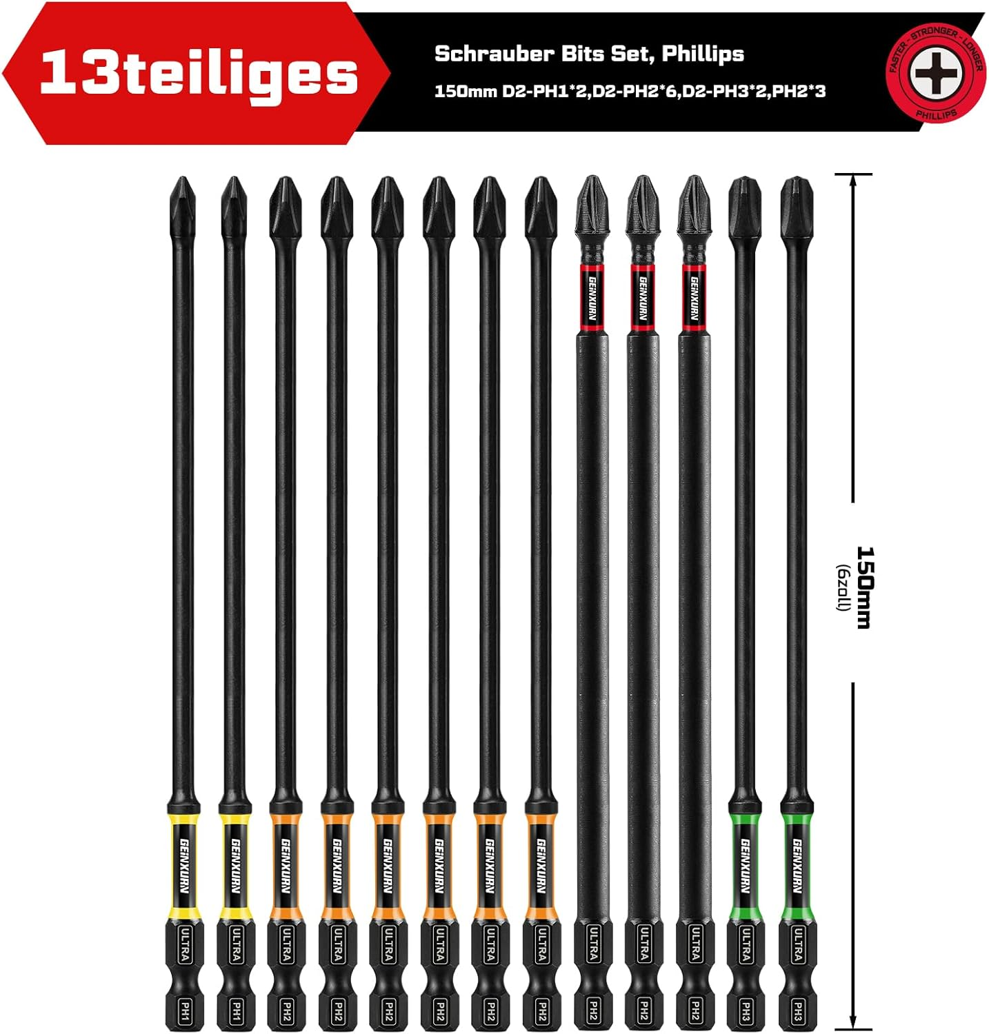 GEINXURN 13-Piece Phillips Screwdriver Bit Set, Impact-Resistant PH1, PH2, PH3, 150 Mm Length, 1/4 Inch Hex Shank, S2 Alloy Steel, Magnetic Screwdriver Bit Set, Ultra Colour Code image number 4