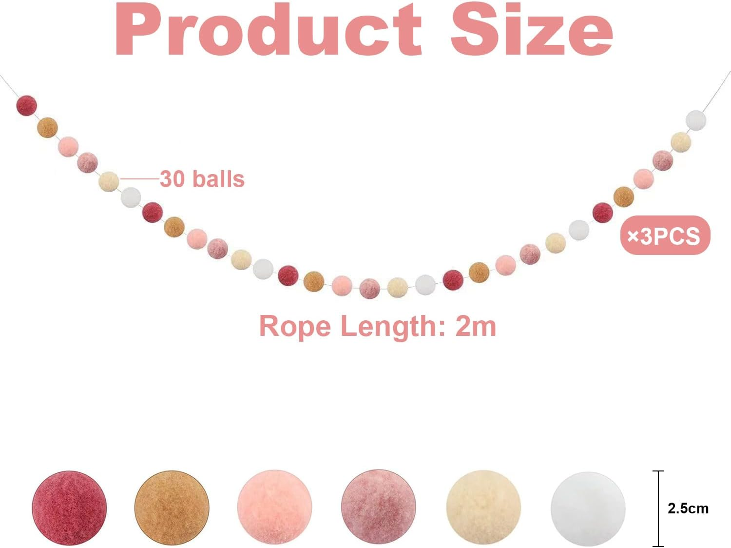 Pom Pom Felt Ball Garland, 6.6 Feet, 30 Balls, Colourful Boho Decor for Party, Home, Nursery, 3 Pieces (Rose Pink) image number 5