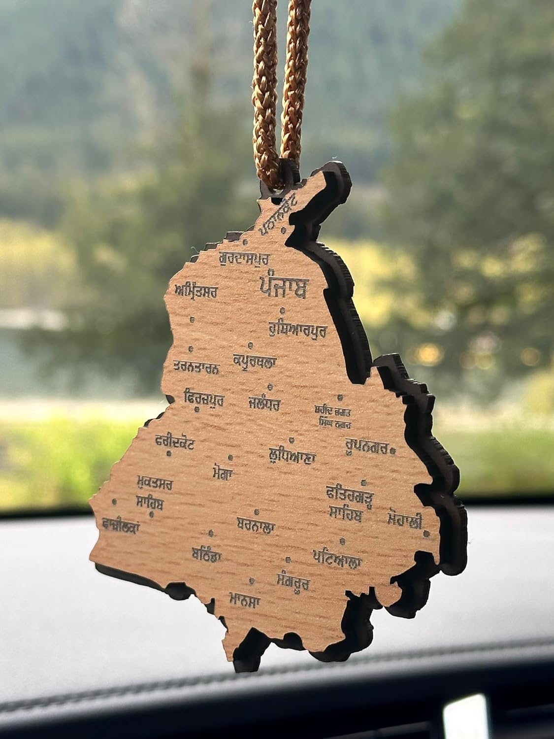 Sadigali Punjab Map Car Hanging Punjabi Car Accessory for Punjabi Car Decor Both Side Gurmukhi and Punjab States Engraved 6MM Thick 4 Inches Wide Khanda Punjabi Accessory, Beige image number 2