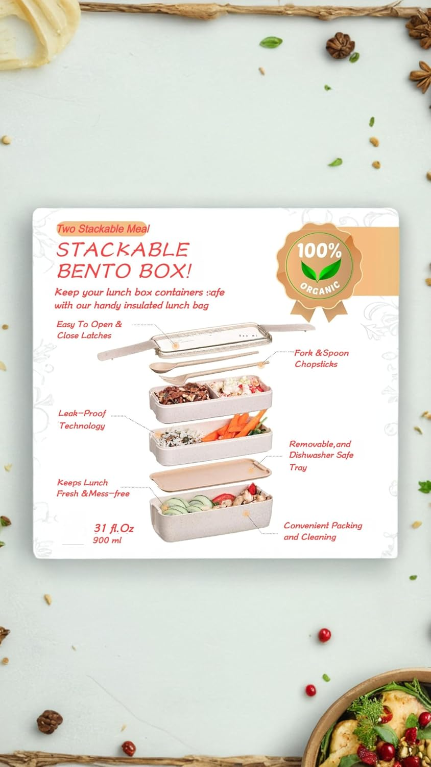 Honwor Leakproof Bento Box for Kids & Adults | 3-In-1 Meal Prep Container | Dishwasher Safe | Japanese Style | Beige | Easy Food Portioning & Storage image number 2