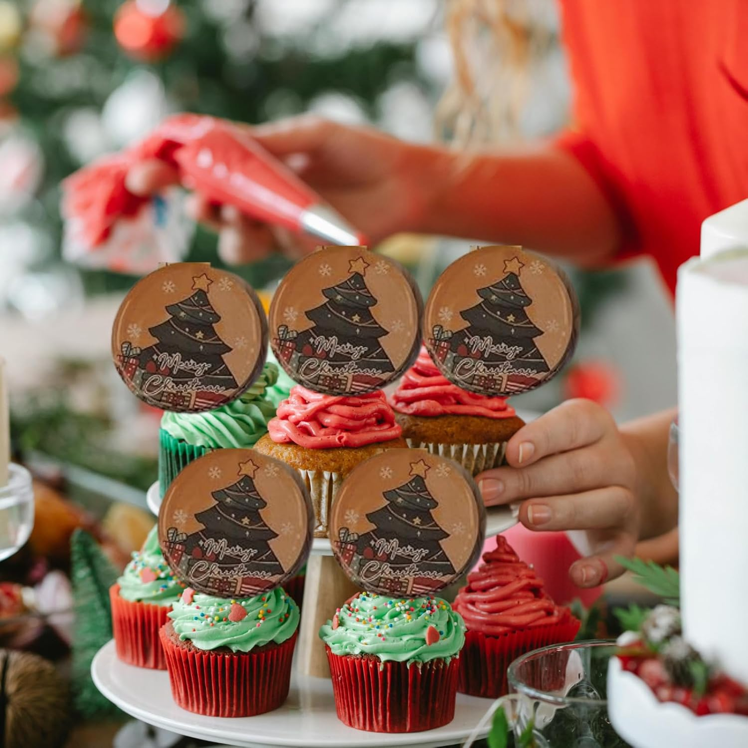 Merry Christmas UV Printed Acrylic Cupcake Toppers - Christmas Bauble Edition by 3 LITTLE DESSERTS - Pack of 6 image number 5