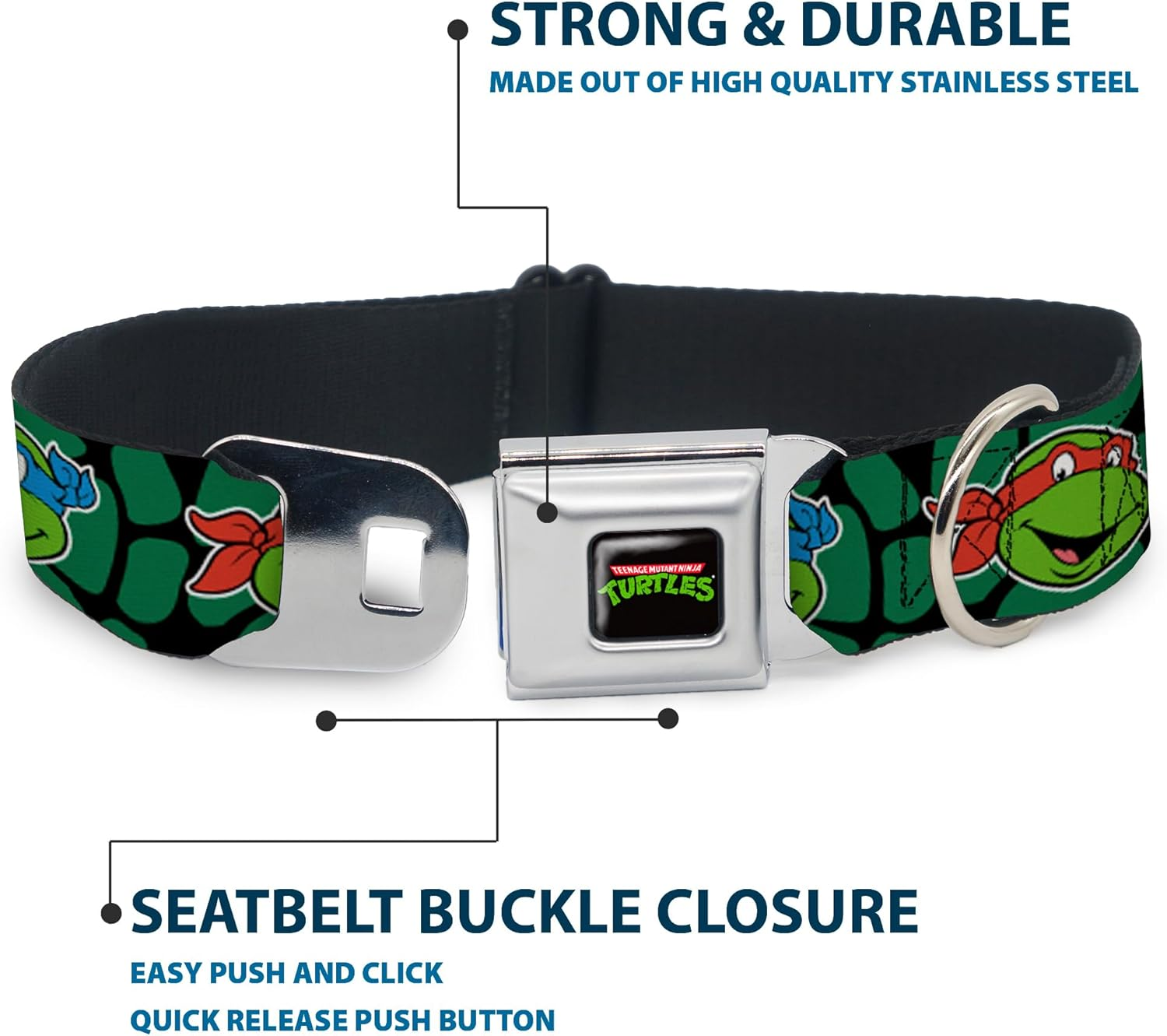 Buckle-Down Seatbelt Buckle Dog Collar - Classic TMNT Turtle Faces Black/Green Turtle Shell - 1" Wide - Fits 15-26" Neck - Large