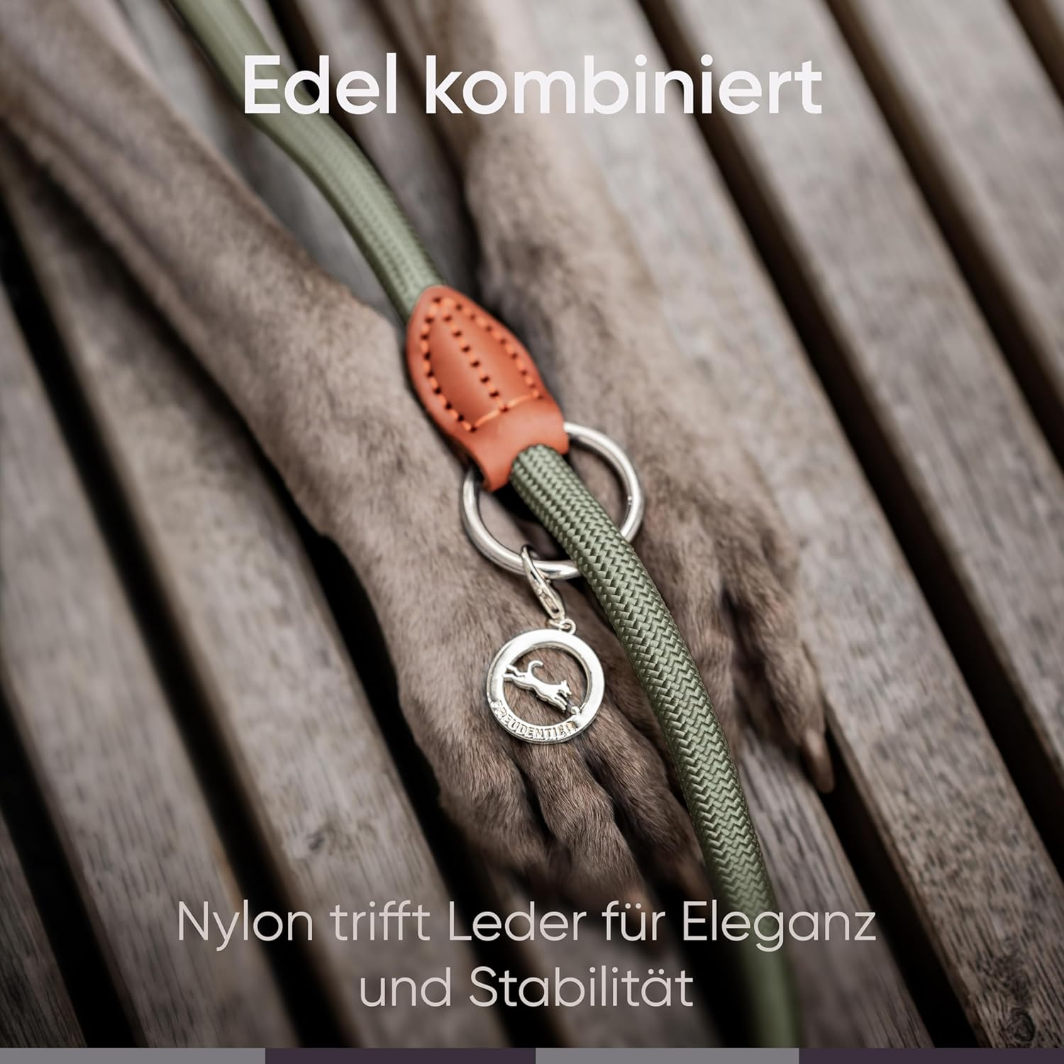 FREUDENTIER Dog Lead 2 M, 3-Way Adjustable, Robust Nylon Rounded with Stylish Brown Leather Elements, for Medium and Large Dogs (Forest Green)