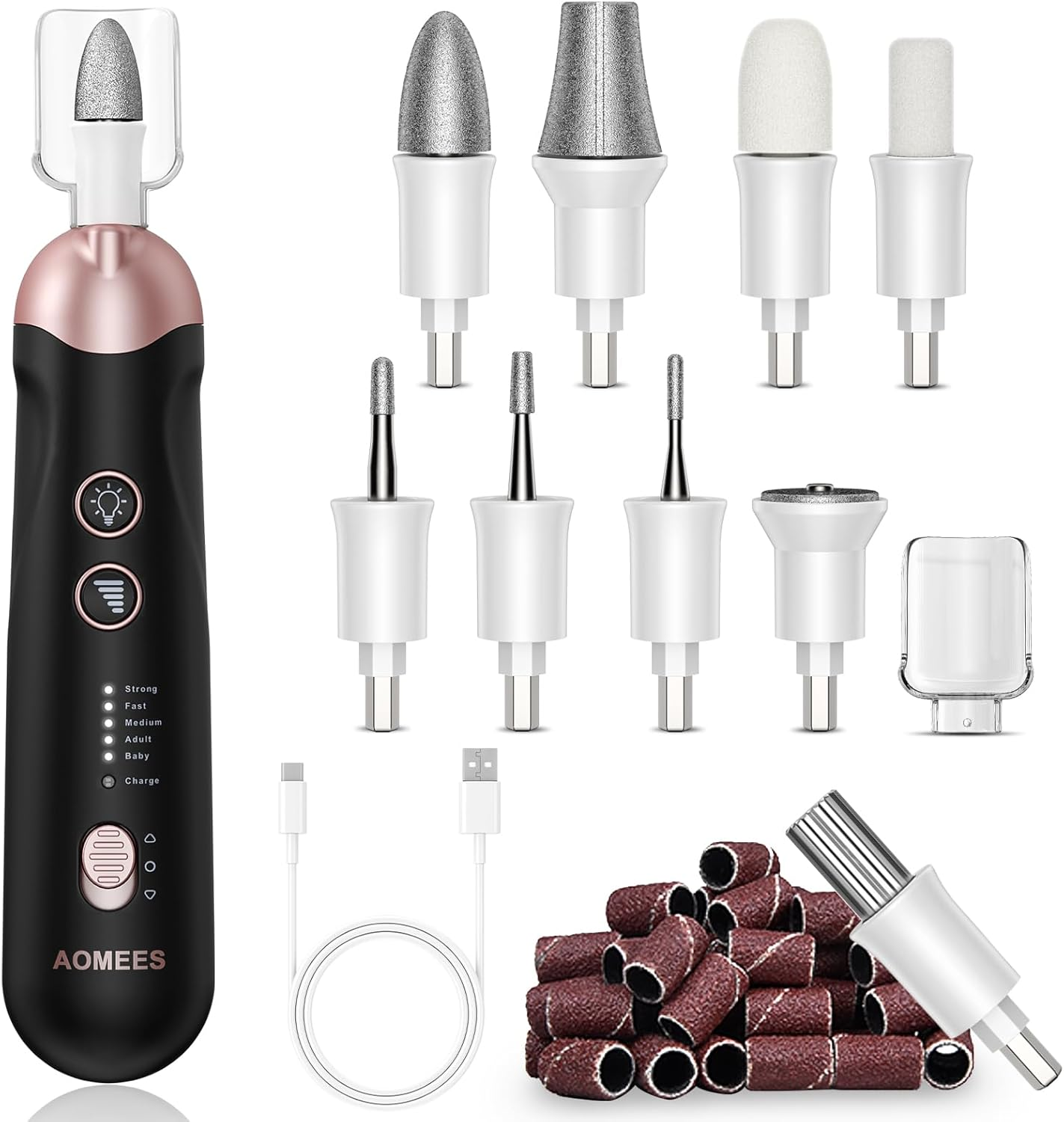 AOMEES Electric Manicure, Electric Nail Cutter Set, Manicure Pedicure Set Foot Care Electric with 9 Attachments for Nail Care, with 5 Speeds, LED Light, Storage Bag (Black) image number 6