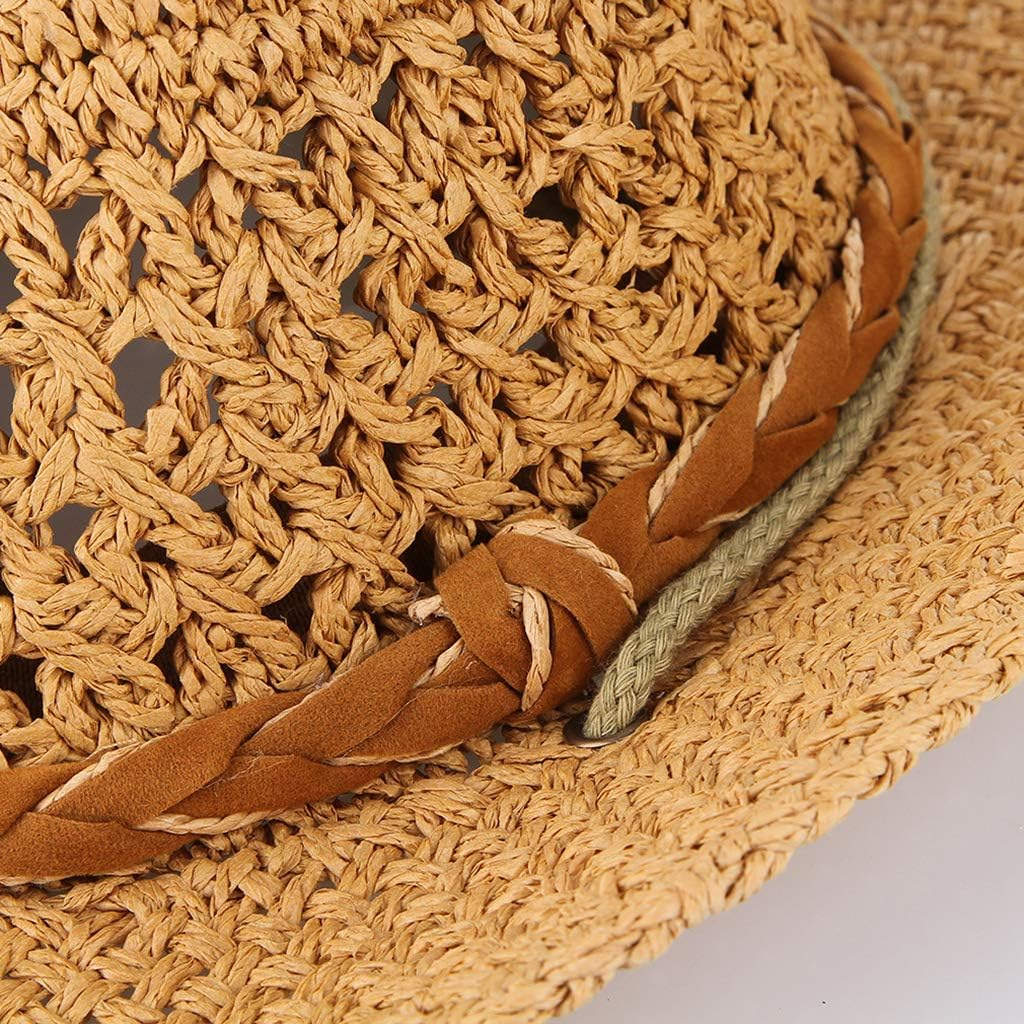 F Fityle Unisex Mens Womens Boys Girls Sun Hat Wide Brim Woven Western Straw Cowboy Hat - Khaki, Adult image number 4