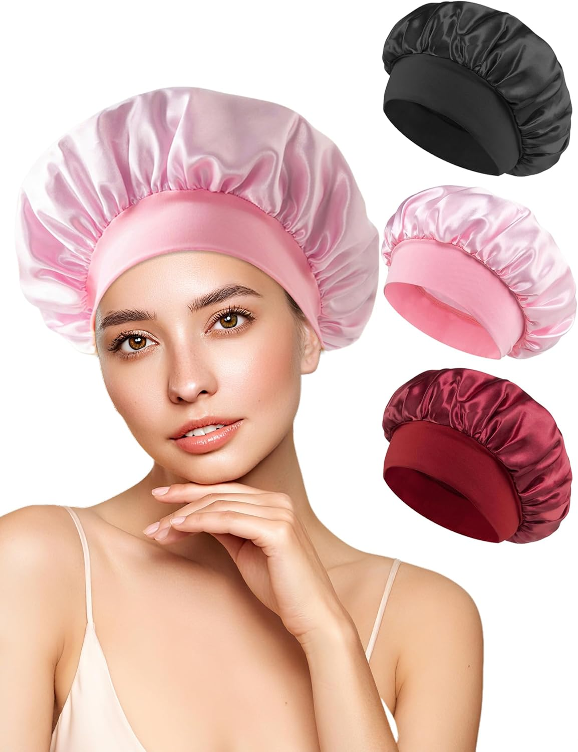 HAYAHARU 2 Pcs Silk Bonnet for Sleeping, Women Satin Bonnet, Silk Sleep Cap Double Layer Hair Hat with Tie Band, Elastic Wide Band Sleep Cap for Natural Curly Braids Hair