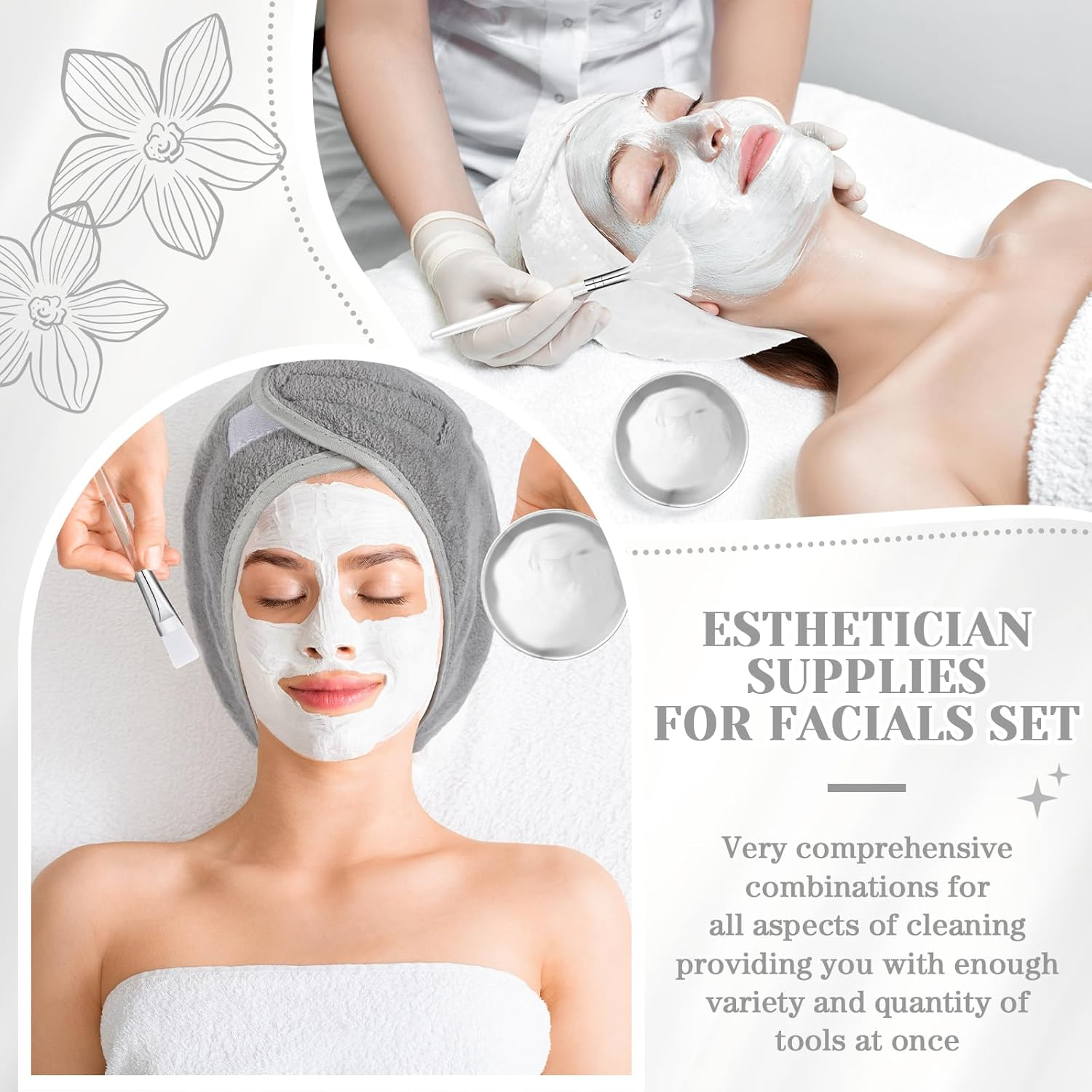 Lemonroad 25 Pcs Esthetician Facial Supplies Set, 3 Stainless Steel Mixing Bowls, 2 Serving Trays, 6 Brushes, 2 Hairbands, 12 Compressed Sponges for Women Facial Mask Spa Home Use (Silver) image number 1