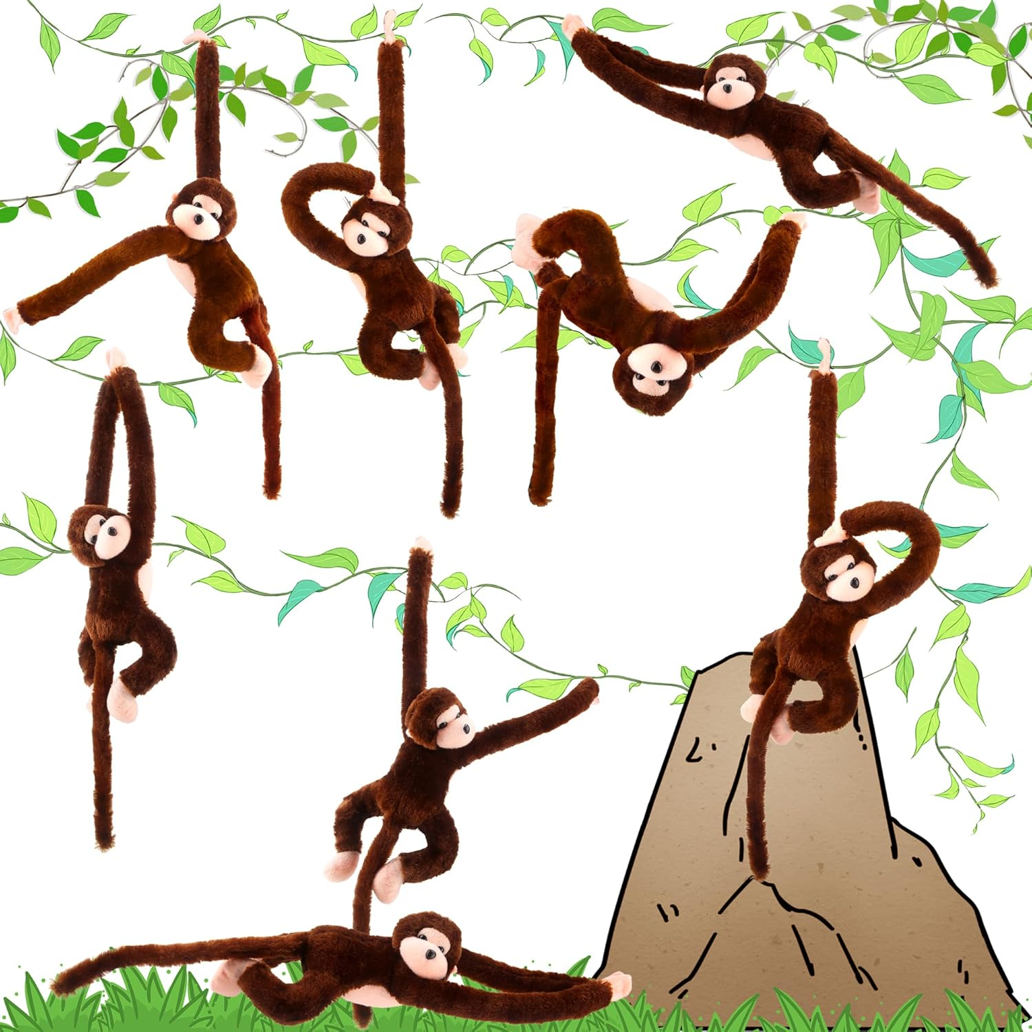 Kugliwa 8 Pcs Hanging Monkey Stuffed Animal Toys Plush Monkey Toy Cute Soft Lifelike Monkey Plush Toys for Jungle Forest Animal Theme Party Favors Birthday Gift, 24 Inch (Color Set 2)