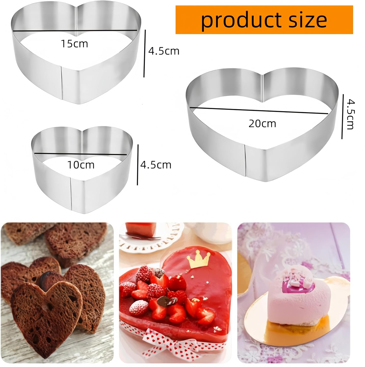 Ai-Oumleef Heart Cookie Cutter,3Pcs Heart Cake Cutter,Heart Cake Mold Ring Set,Suitable for Mousse Cake Cheesecake (3 Sizes) image number 1