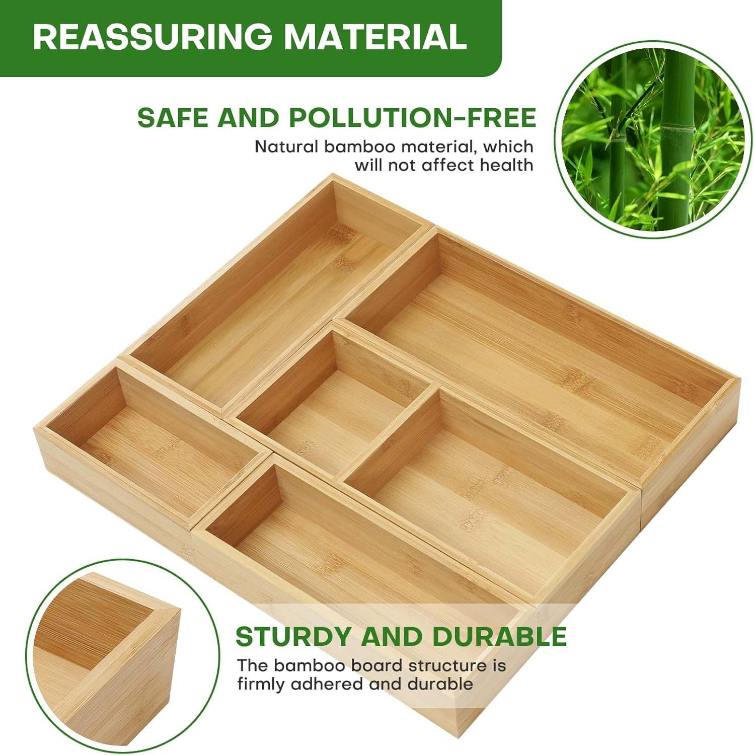 Bamboo Drawer Organizer Set, 5 PCS Multi-Use Individual Wood Storage Organizers, Junk Drawer Divider and Storage Trays Containers for Kitchen, Bathroom, Office Desk, Makeup, Jewelry, Utensils image number 3