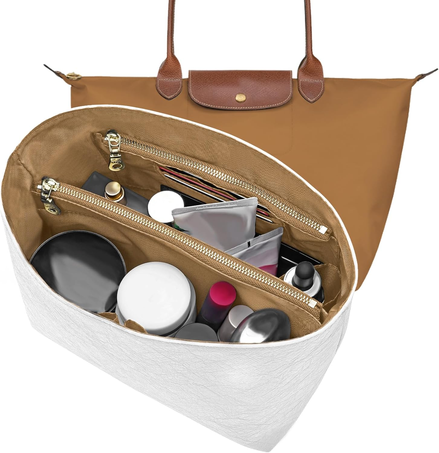 LOUKAYCCI New Dupont Paper Purse Organizer Insert for Longchamp Le Pliage M Handbag Insert (White&Brown, Medium) image number 6