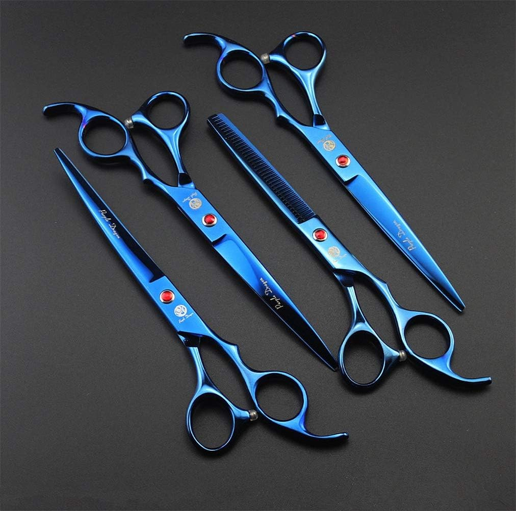 Purple Dragon Professional 7.0 Inch 4PCS Pet Grooming Scissors Kit Japan Premium Steel Straight & Curved & Thinning Blade Dog Hair Cutting Shears Set with Case (Blue) - Blue,Purple image number 3