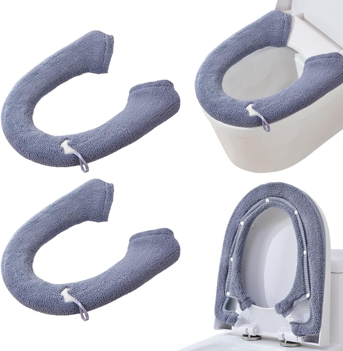 2 Packs Toilet Seat Cover, Plush Warm Bathroom Toilet Seat Cushion with Snaps Fixed Washable and Reusable Toilet Seat Lid Cover Pads, Fits Most Toilet Seats, Purple