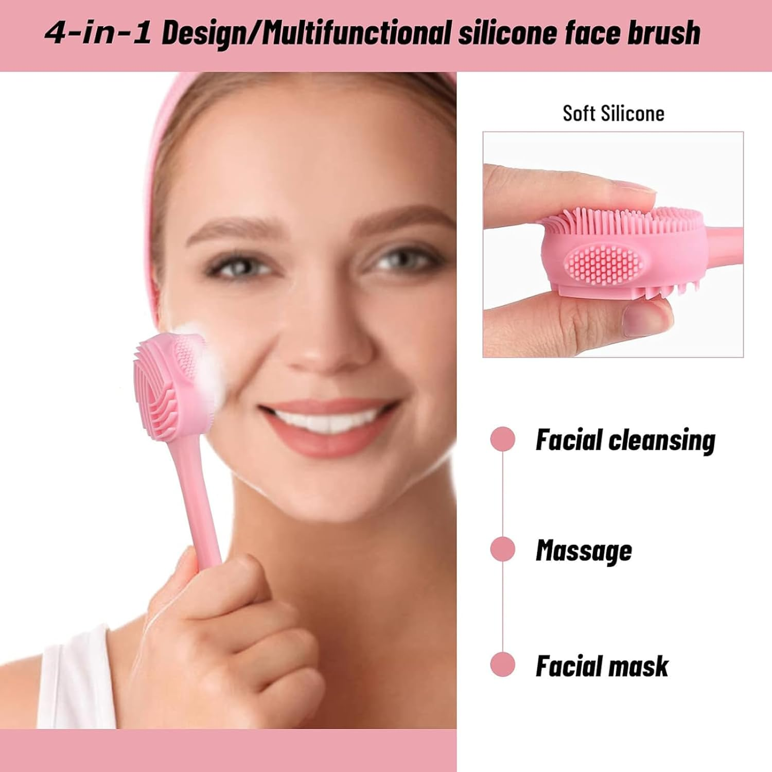 Silicone Facial Cleansing Brush 3 Designs,4 in 1 Handheld Face Scrubber for Deep Gentle Exfoliating, Double-Ended Face Wash Scrub Brush for Face Skincare and Massage (Pink) image number 2