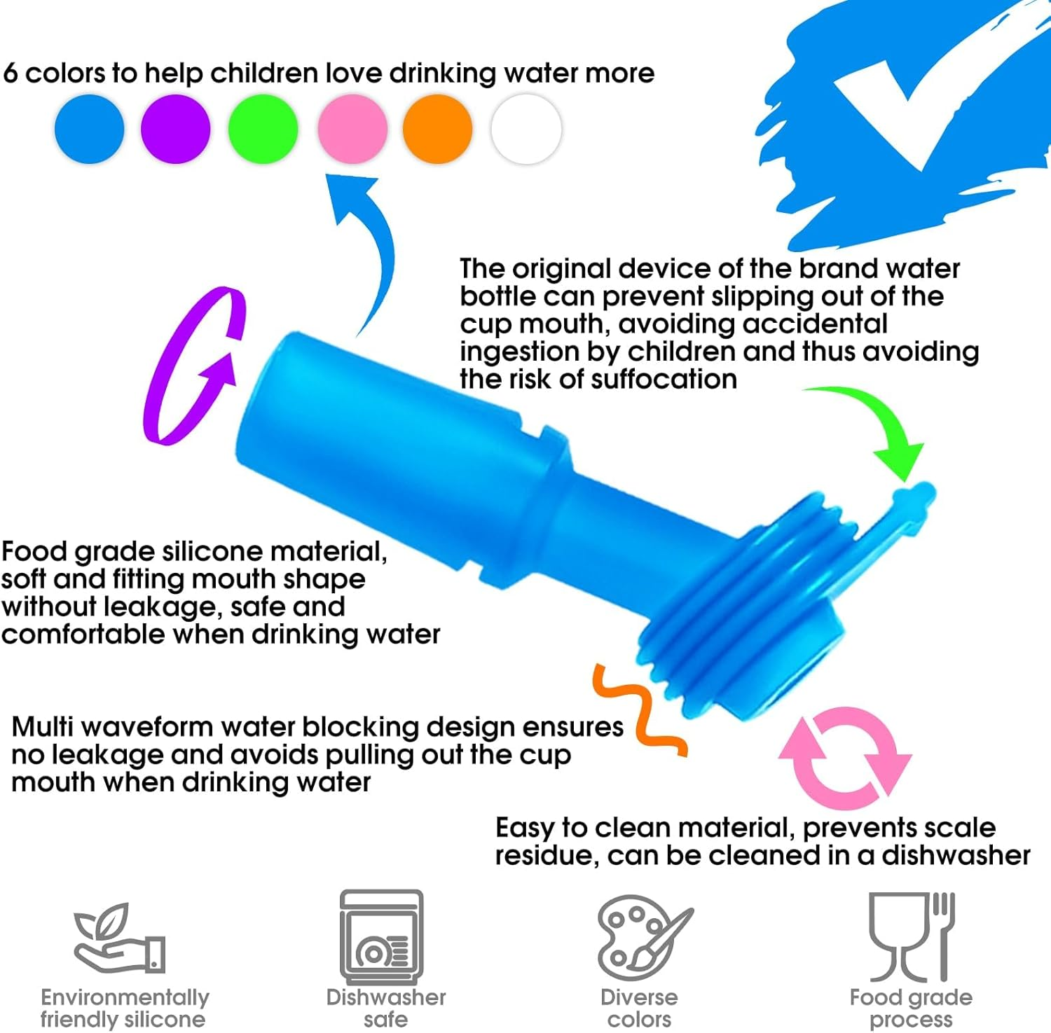 Powerful 6 Pcs Bite Valve and Straw Fit All Camelbak Eddy Kids Water Bottle(6 Bite Valve & 2 Straws & 2 Brushes) image number 2