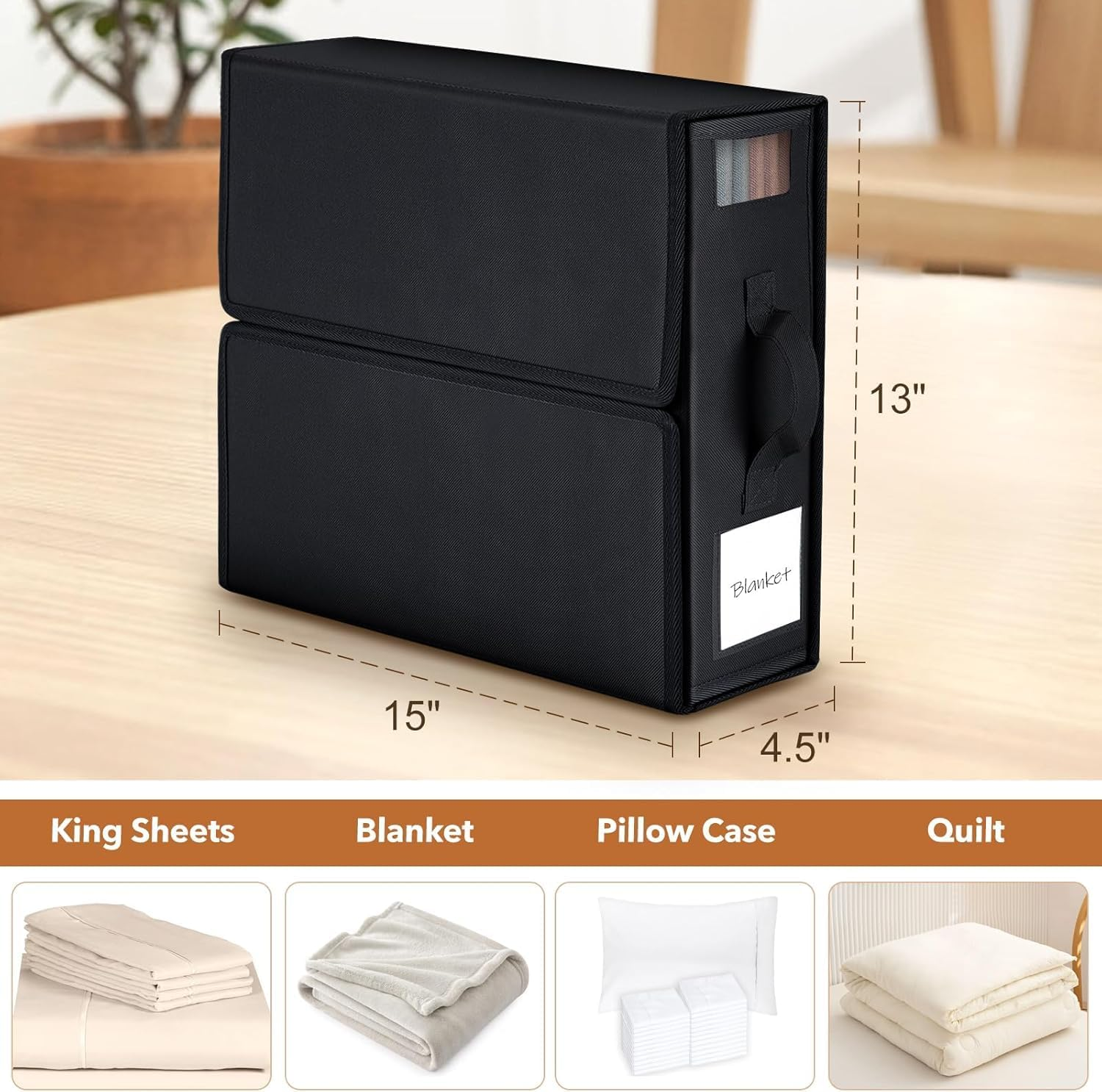 JCQMZB King Size Bed Sheet Organizer - Foldable Bedding Organizer with Reinforced Handle, Clear Window & Replaceable Labels, Thickened Oxford Cloth for Sheets, Covers,And Pillowcases (Black, 6Pcs） - Black image number 5