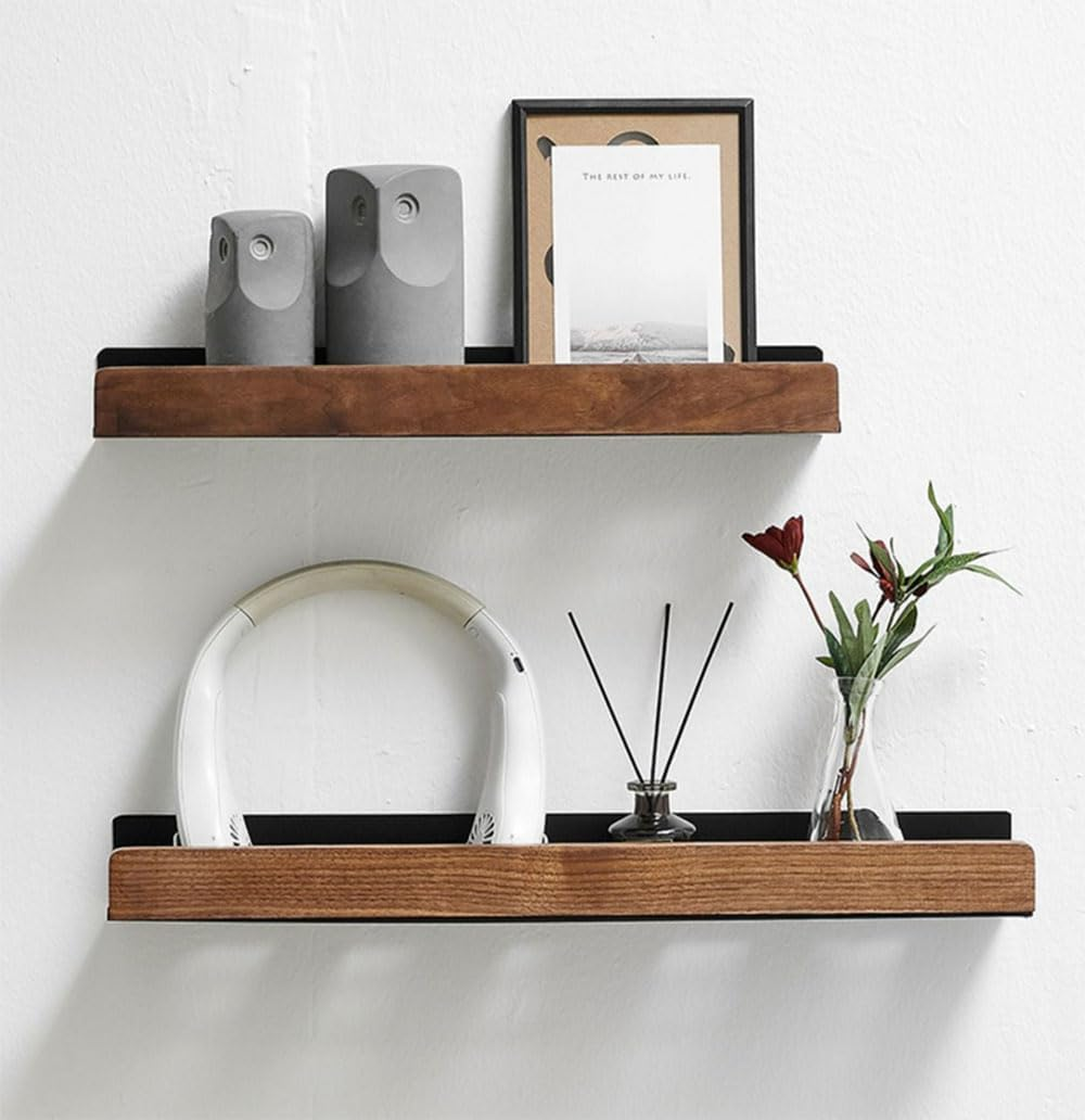 Wall Mounted Floating Metal Shelf Ledge, White Bathroom Shelf Wall Mount Shelf Decorate with Solid Wood Edges Space Saving Rustproof Extra Strong Floating Shelves Storage Shelf (20 Cm) image number 1