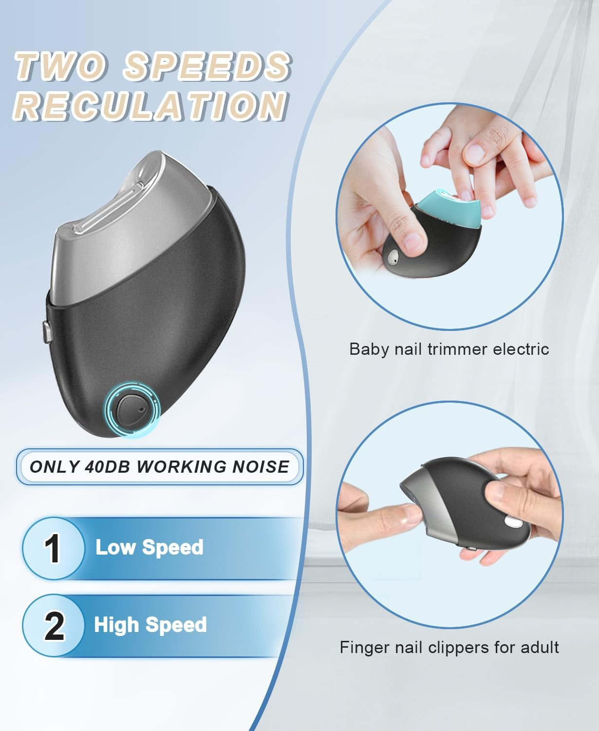 Electric Nail Clipper with Replacement Head & Nail Scraps Storage, Finger Nail Clippers Adult, 2-Speed Trimmer, Type-C, Magnetic Cover, Safety Nail Clippers for Men, Baby, Kids, Women, Seniors image number 2