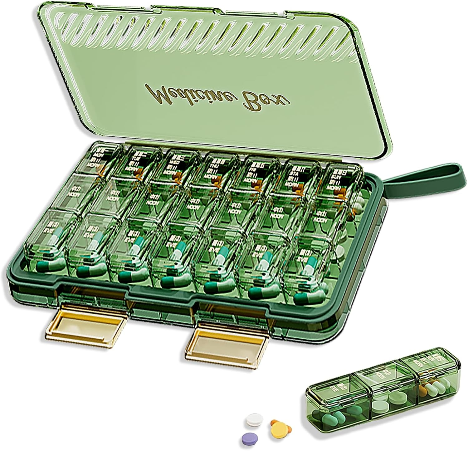 7-Day Pill Organiser Weekly |3-Times-A-Day| Portable Pill Box 7 Day (Green, 24X14X3Cm)
