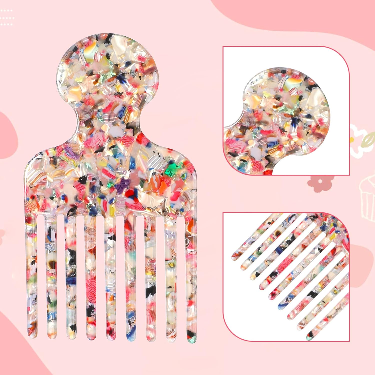 Afro Hair Pick Comb for Women Men 4.8'' Detangling Lifting Combs Wide Tooth Comb for Curls Acetate Combs Hair Styling Tool(Colorful) image number 3