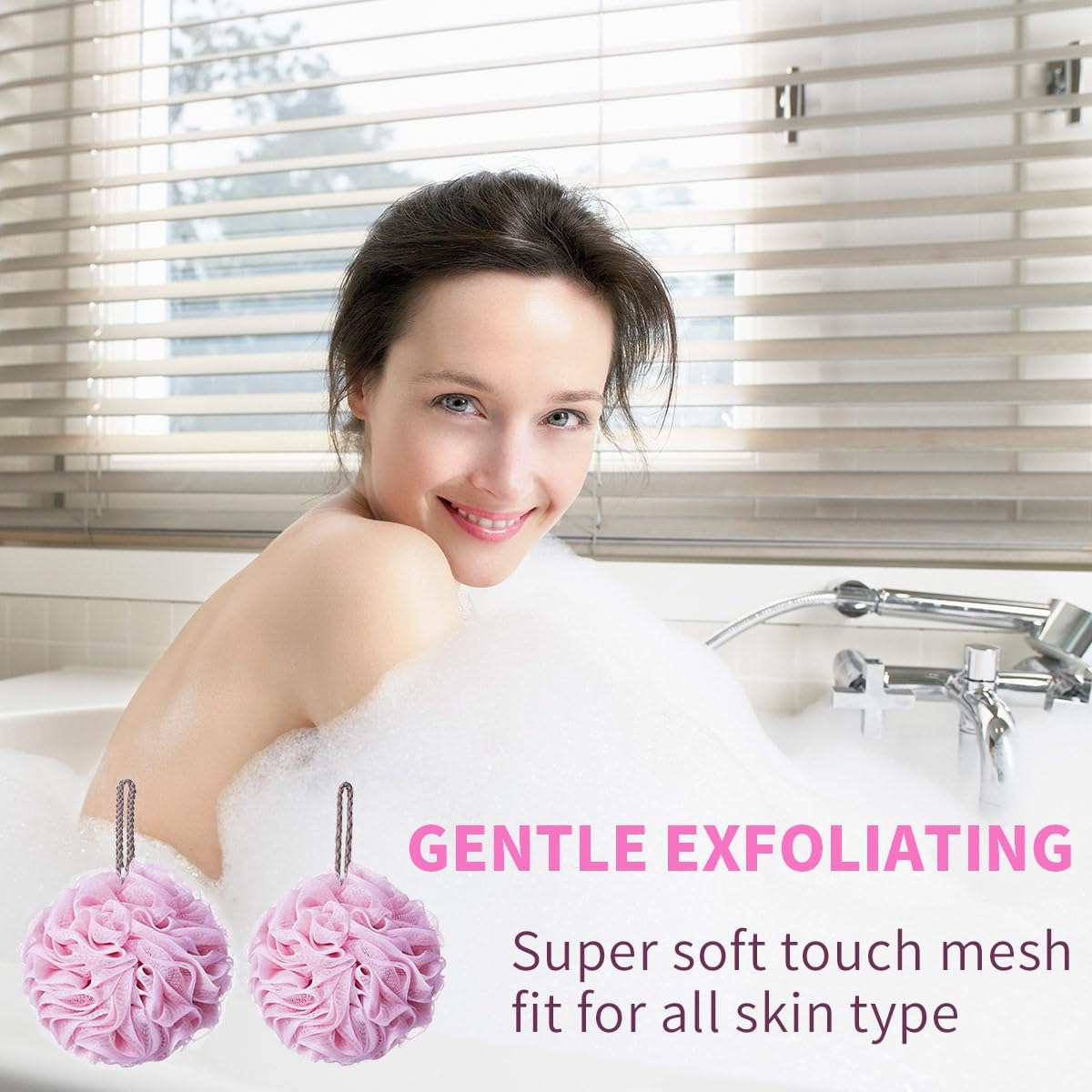 Miss Rui Shower Bath Sponge Shower Pouf Loofahs Balls 60G/Pcs for Body Wash Bathroom Men Women Kids Set of 2 Pink Sponges image number 3