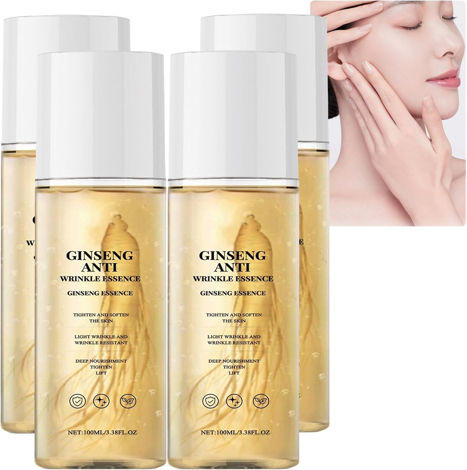 Ginseng Anti-Aging Serum Essence, Gold Ginseng Peptide Firming Serum for Face, Reduces Wrinkles & Fine Lines, Tightening & Lifting for Mature Skin, Hydrating Essence Water for All Skin Types (4PCS)