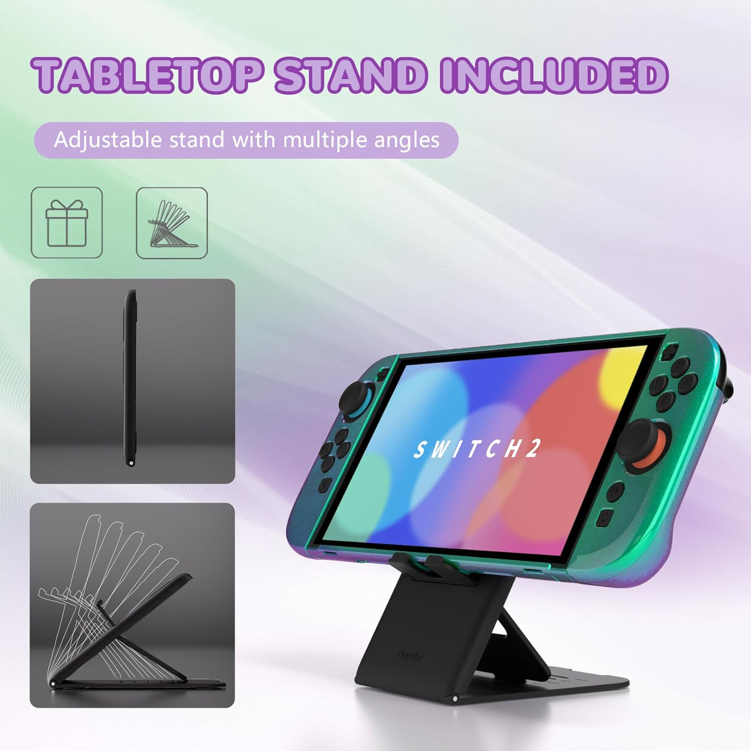 Playvital Solid Color Series Protective Case for Nintendo Switch 2, Anti-Scratches Hard Shell Dockable Grip Cover with Extra Foldable Stand & Thumb Grips for Nintendo Switch 2 - Chameleon Green Purple image number 4