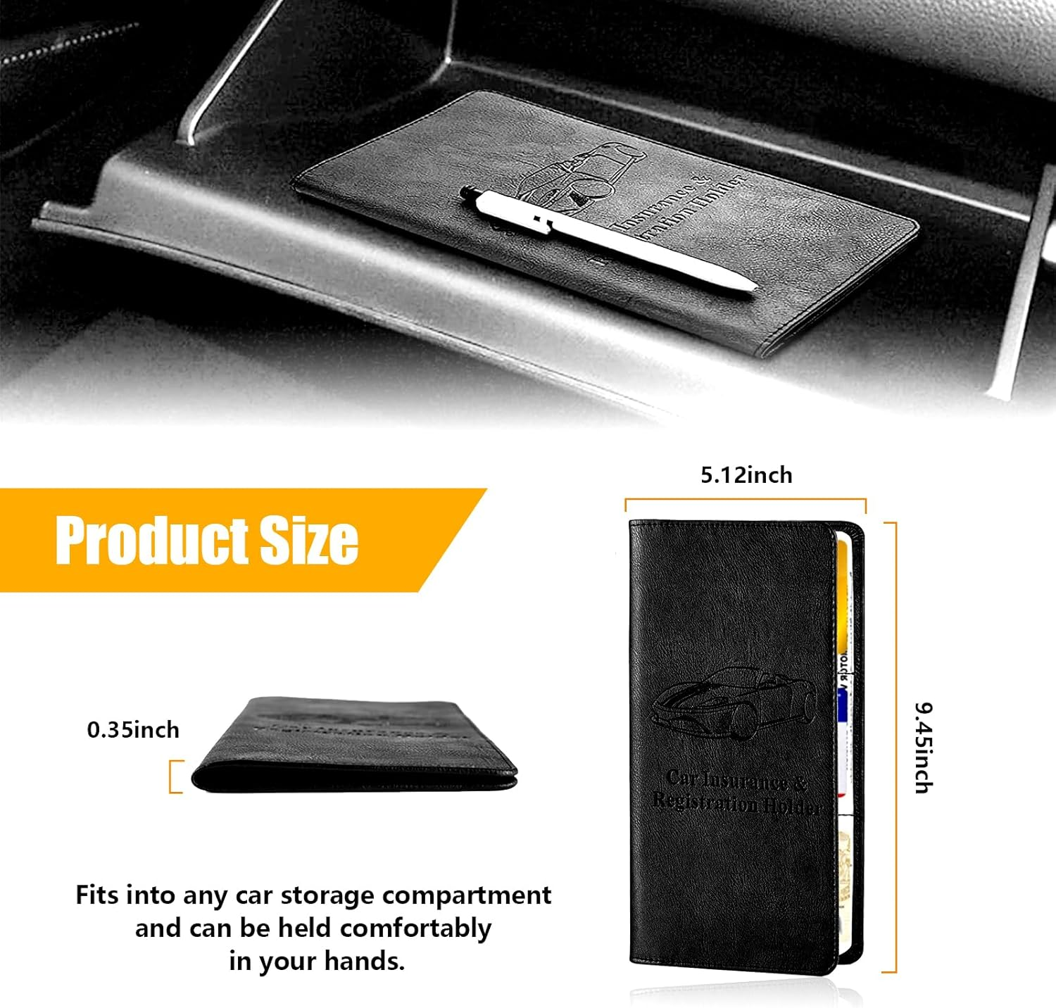 Kewucn Car Registration and Insurance Holder, Leather Auto Glove Box Organizer with Magnetic Shut, Vehicle Compartment Accessories Case for Cards, Driver License & Essential Documents - Marble Balck image number 2
