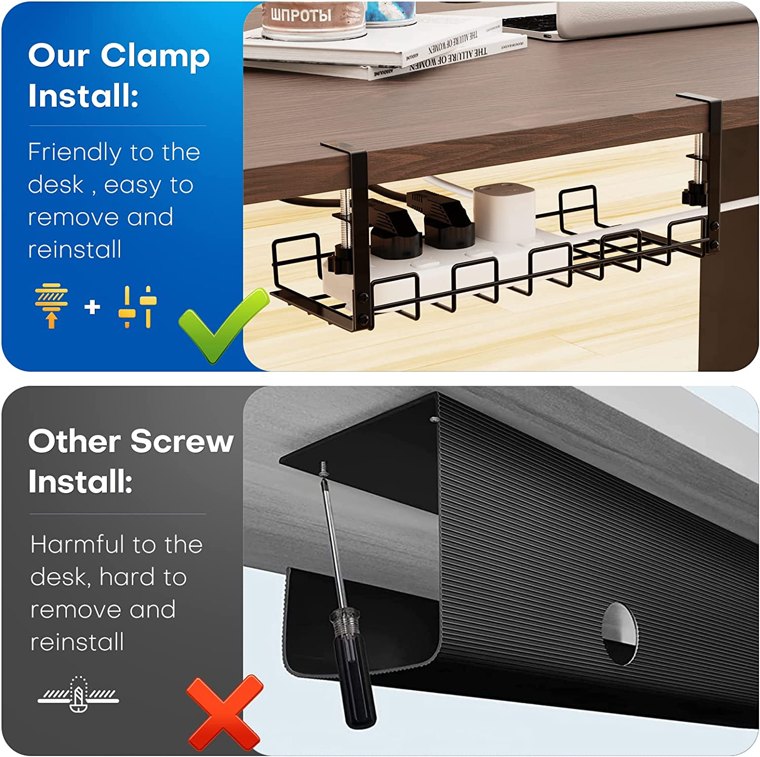 Under Desk Cable Management Tray - 2 Pack Metal Racks for Wire Organizer, Sturdy Basket for Office and Home Standing Desk, No Drilling image number 6