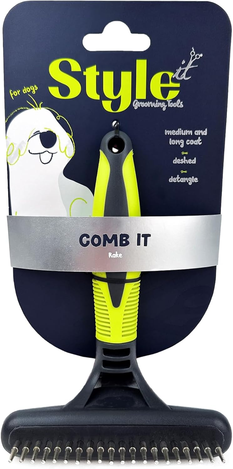 Style It Dog Grooming Rake - Gentle De-Tangling Tool for Medium & Long Hair, Perfect for De-Tangling Fur and Removing Mats, Rotating Pins Reduce Tugging & Skin Irritation