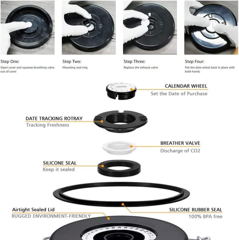 Airtight Stainless Steel Coffee Canister, Coffee Bean Storage Container with Mini Jar and Date Tracker, 6 Co2-Release Valve and Measuring Scoop for Grounds, Tea, Flour, Sugar, 1800Ml/60Oz image number 4