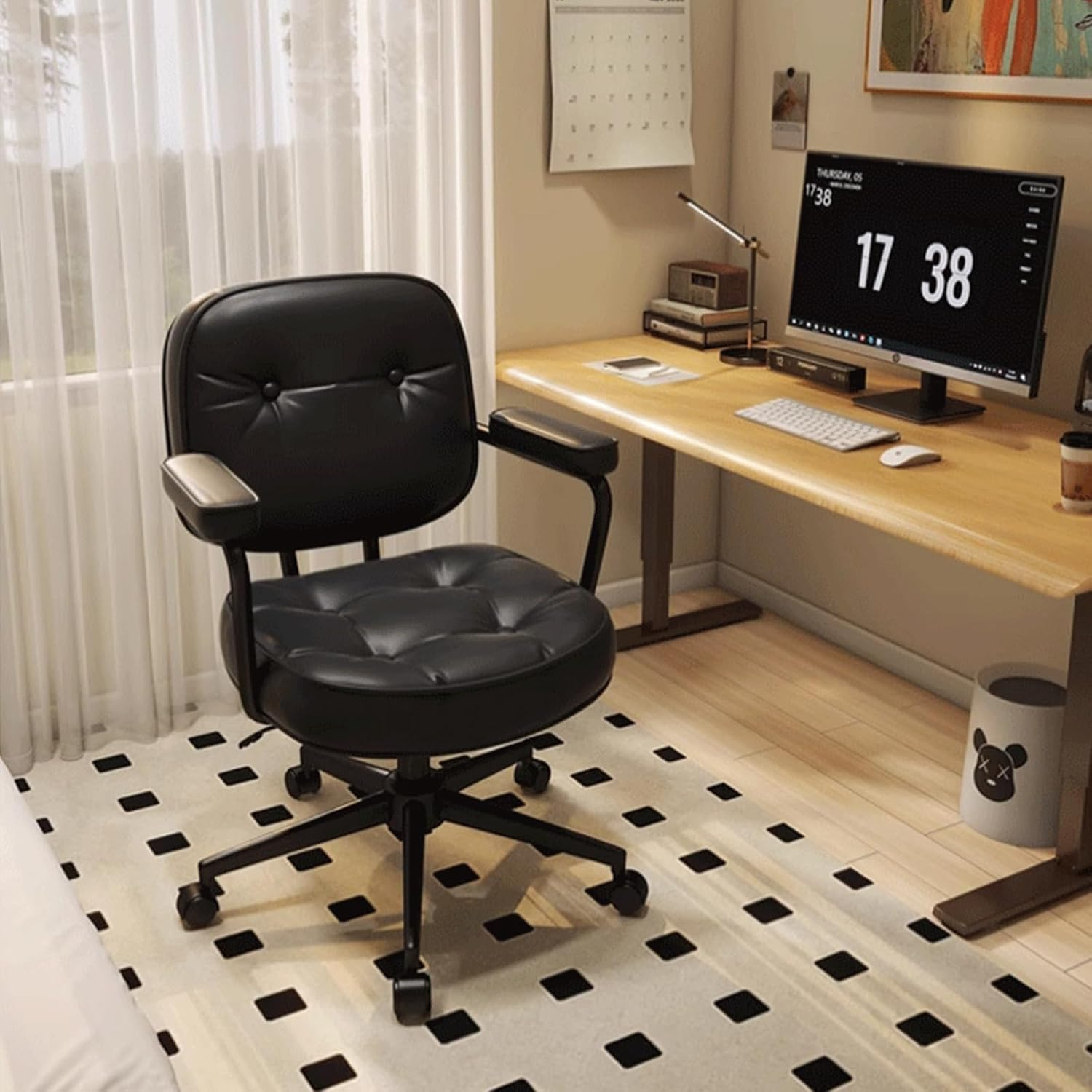 Minexiaojia Home Office Chair with Adjustable Height, 360&deg; Swivel PU Leather Desk Chair - Armrest Computer Chair for Back Support, Comfortable Rolling Chair for Home Office, Gaming Chair (Black) - Black image number 4