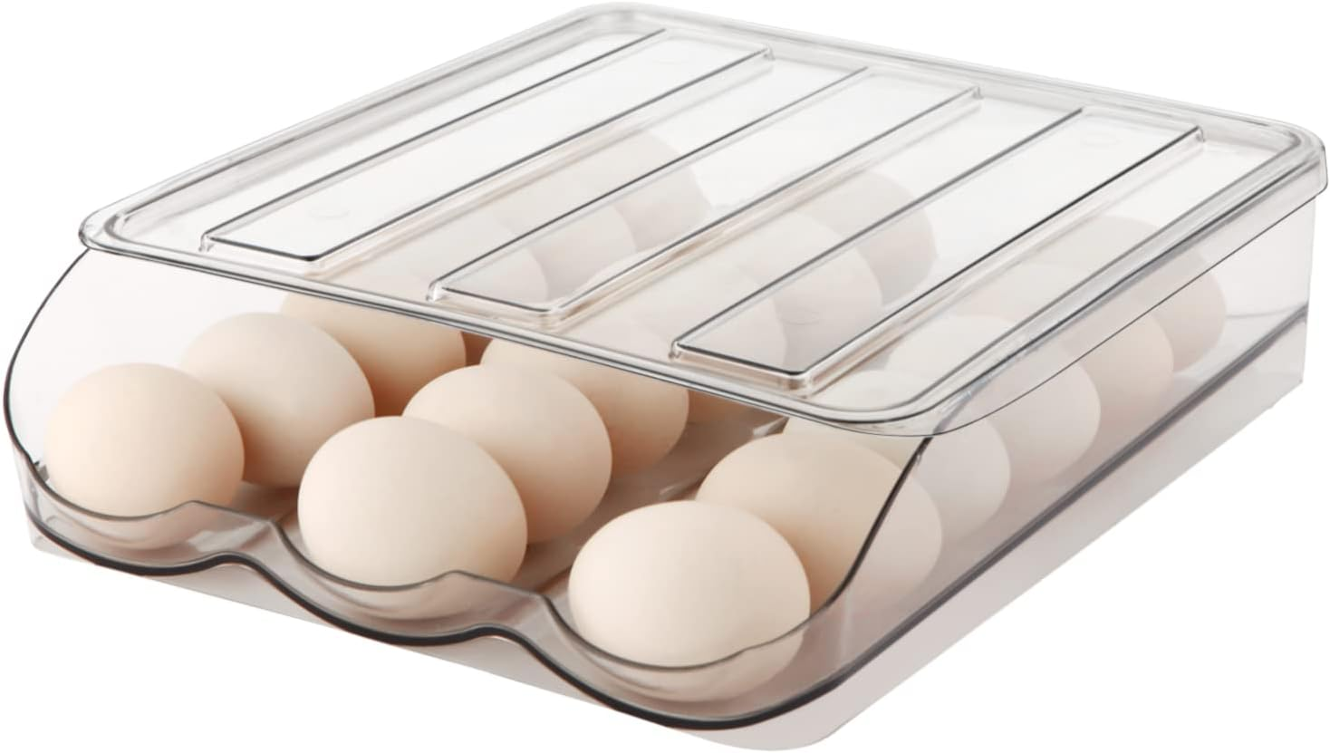 Mesrosa Egg Holder for Refrigerator, Automatically Rolling Egg Storage Container for Refrigerator,Large Capacity Egg Organizer for Fridge Lid,Clear Plastic Egg Dispenser,Egg Tray & Bin -1 Layer White image number 1