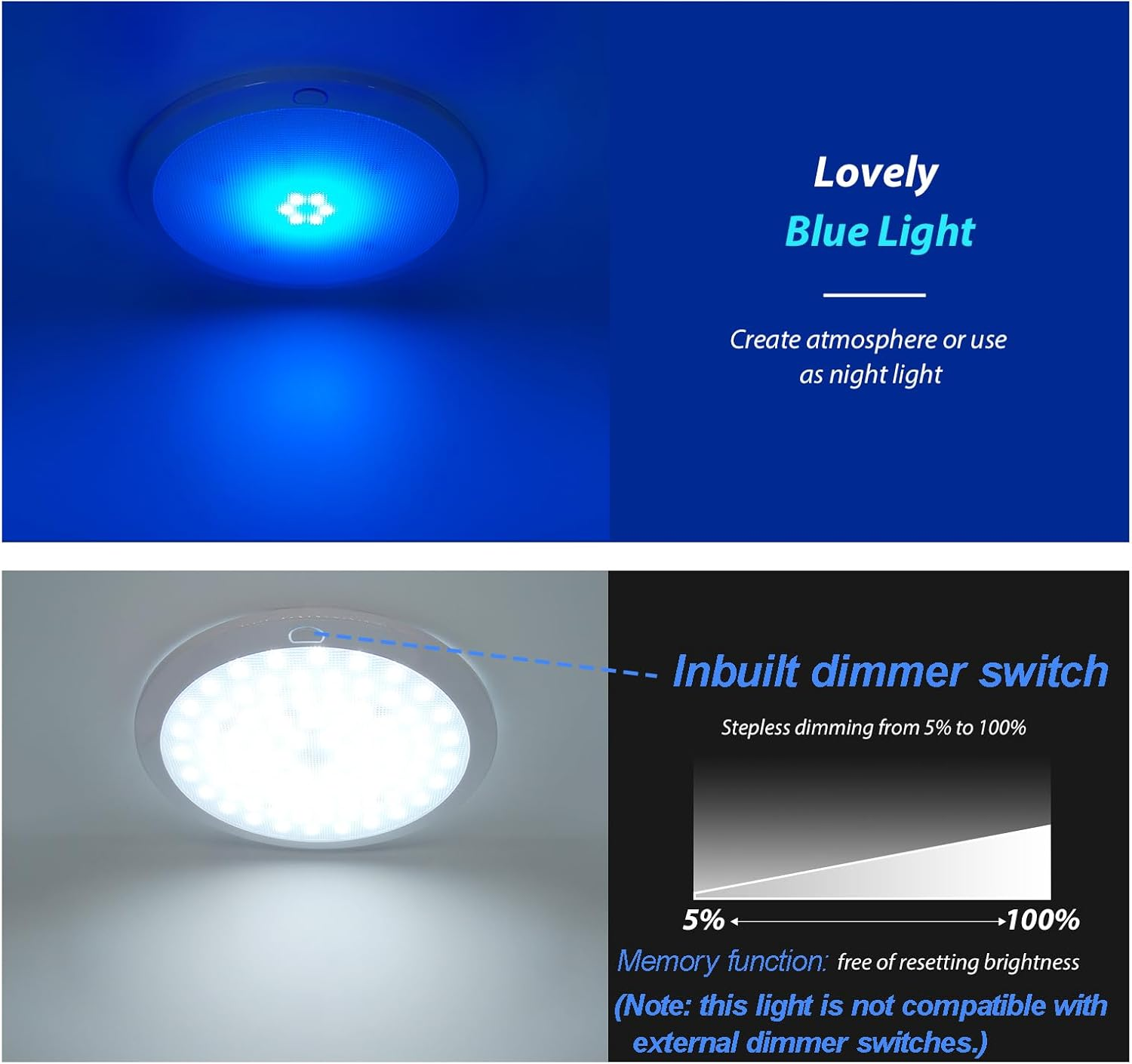 Dream Lighting 12Volt LED 8.5Inch Panel Light Dimmable Switch Cool White/Blue Interior Ceiling/Roof Lamps Rv/Caravan/Camper Trailer/Automotive/Boat/Yacht/Marine/Exhibition Hall,Surface Mounted Memory