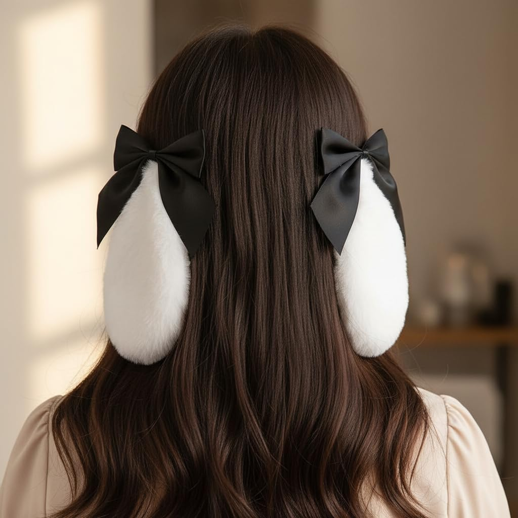 1 Pair Girls Bunny Plush Lop Ears Hair Clip Rabbit Furry Ears Ribbon Bow-Knot Hair Hairpin Cosplay Headwear Easy to Wear Ornaments,And Accessories Clips and Barrettes Accessories (Black) image number 2