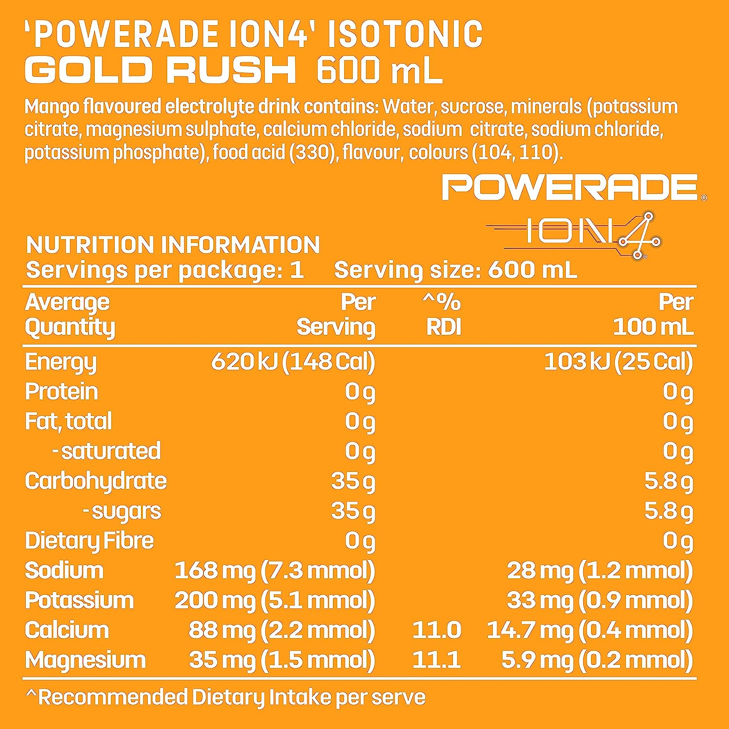 Powerade ION4 Gold Rush Sports Drink Multipack Sipper Cap Bottles 12 X 600Ml image number 4