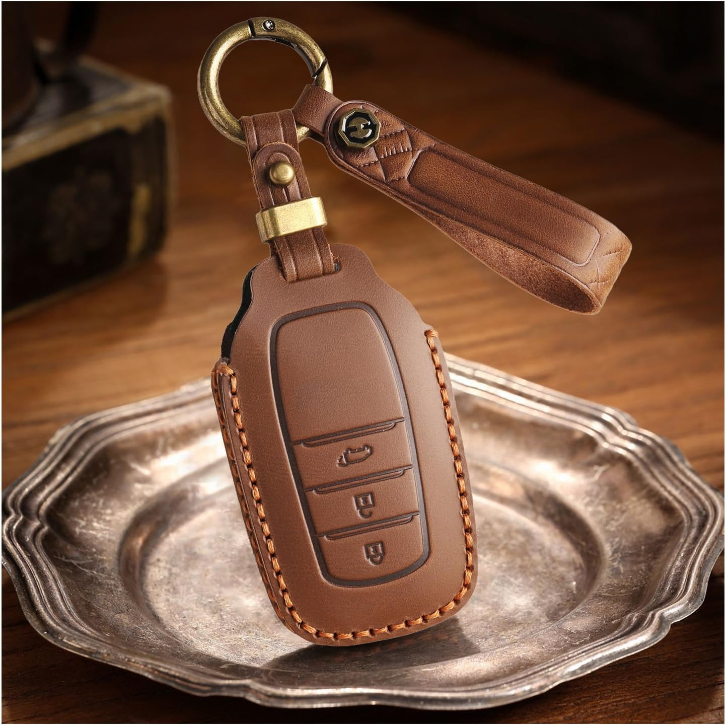 Ontto Cowhide Car Key Cover Fit for Toyota RAV4 Corolla Hilux Landcruiser Prado Camry Yaris Cross Highlander Key Holder Leather Case Keyring Keychain Smart Shell Accessories 3 Buttons Brown - 2 Buttons-Black image number 5
