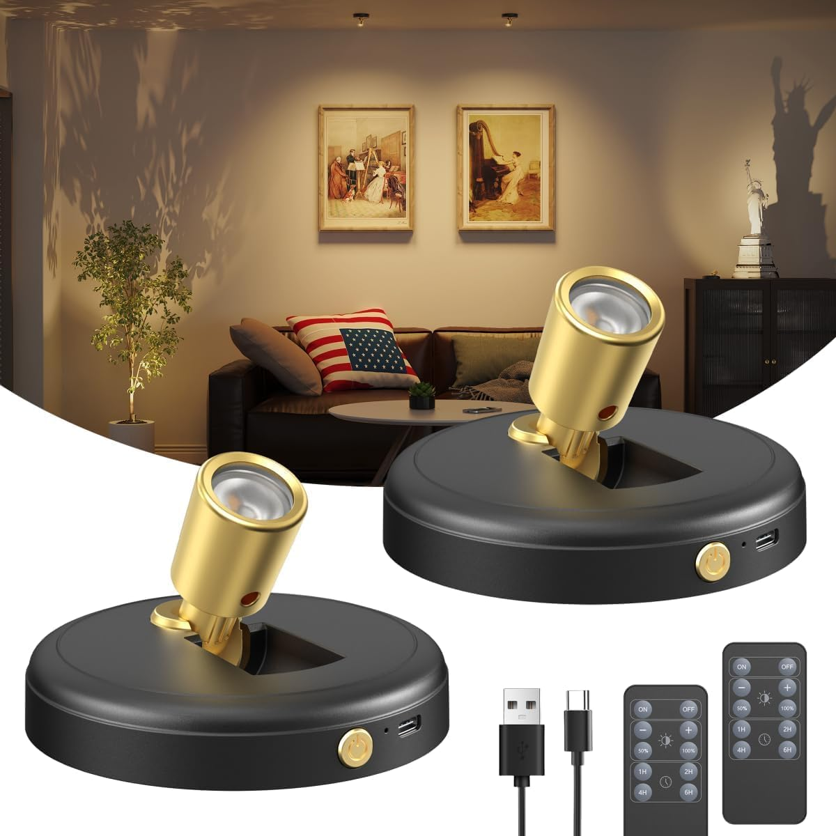 Rechargeable Magnetic Spotlight 2 Pack - Wireless Battery Powered LED Spot Lights for Pictures, Artwork, Plants, Closet Lighting - Adjustable Dimmable Uplight Indoor, Gold