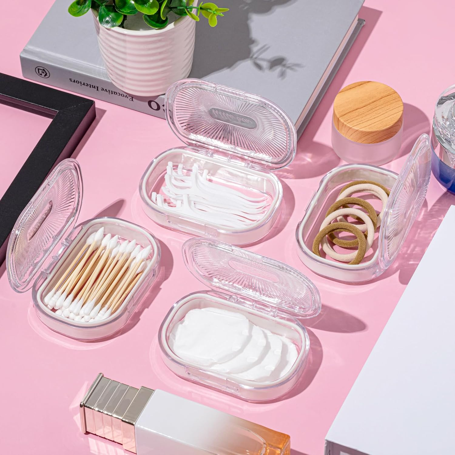 Kigley 4 Pcs Hair Tie Container Small Portable Travel Cotton Swab Holder Flosser Dispenser with Lid Plastic Box Beads Storage Containers for Small Items, 3.94 X 2.76 Inch (White) - White image number 4