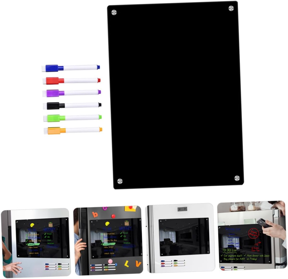 Operitacx Magnetic to Do List Board for Fridge Small A4 Black Acrylic Erasable Schedule Message Planning Board 6 Whiteboard Markers Refrigerator Organizer