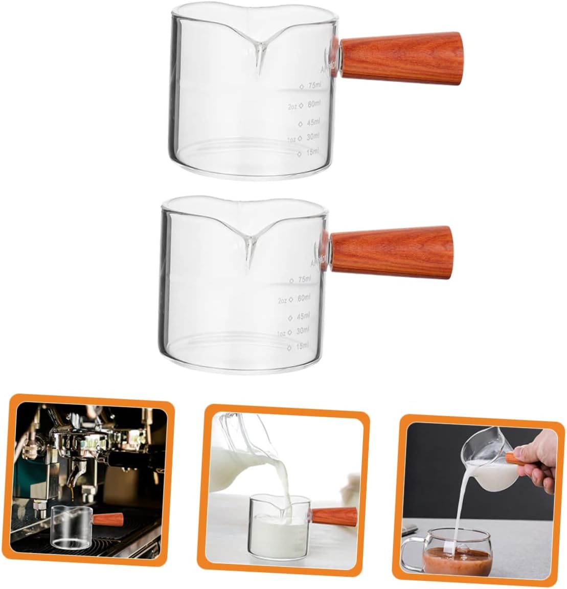 Baluue 2Pcs Double Spout Espresso Measuring Cups Wooden Handle Glass Milk Jars for Coffee Pouring and Precision Measurement image number 6