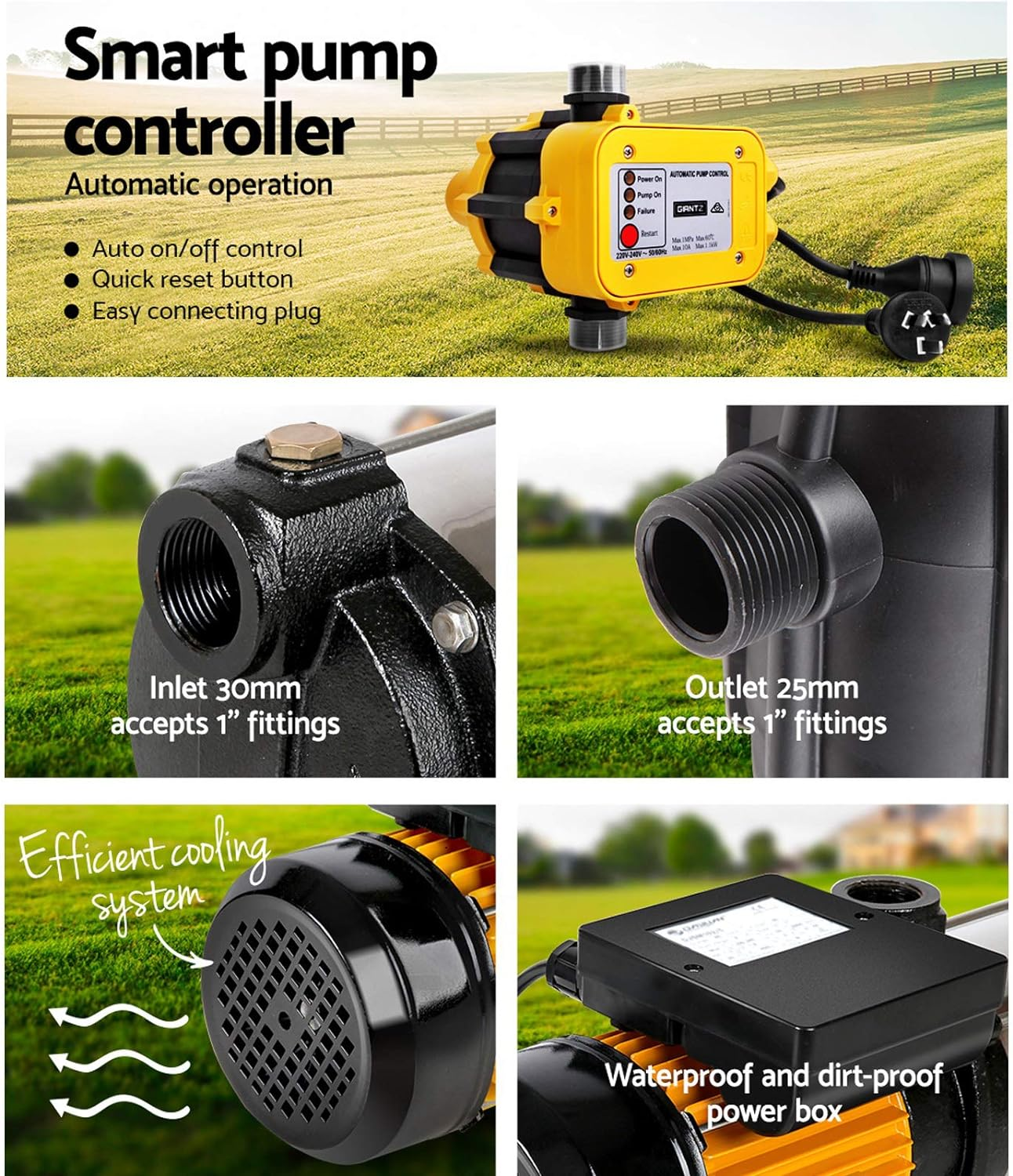 Giantz Water Pump, 2500W Max. 240V Electric High Pressure Garden Pumps Controller Irrigation for Pool Pond Rain Tank Home Farm Clean, Multi Stage Fully Automatic Anti-Rust Yellow image number 1