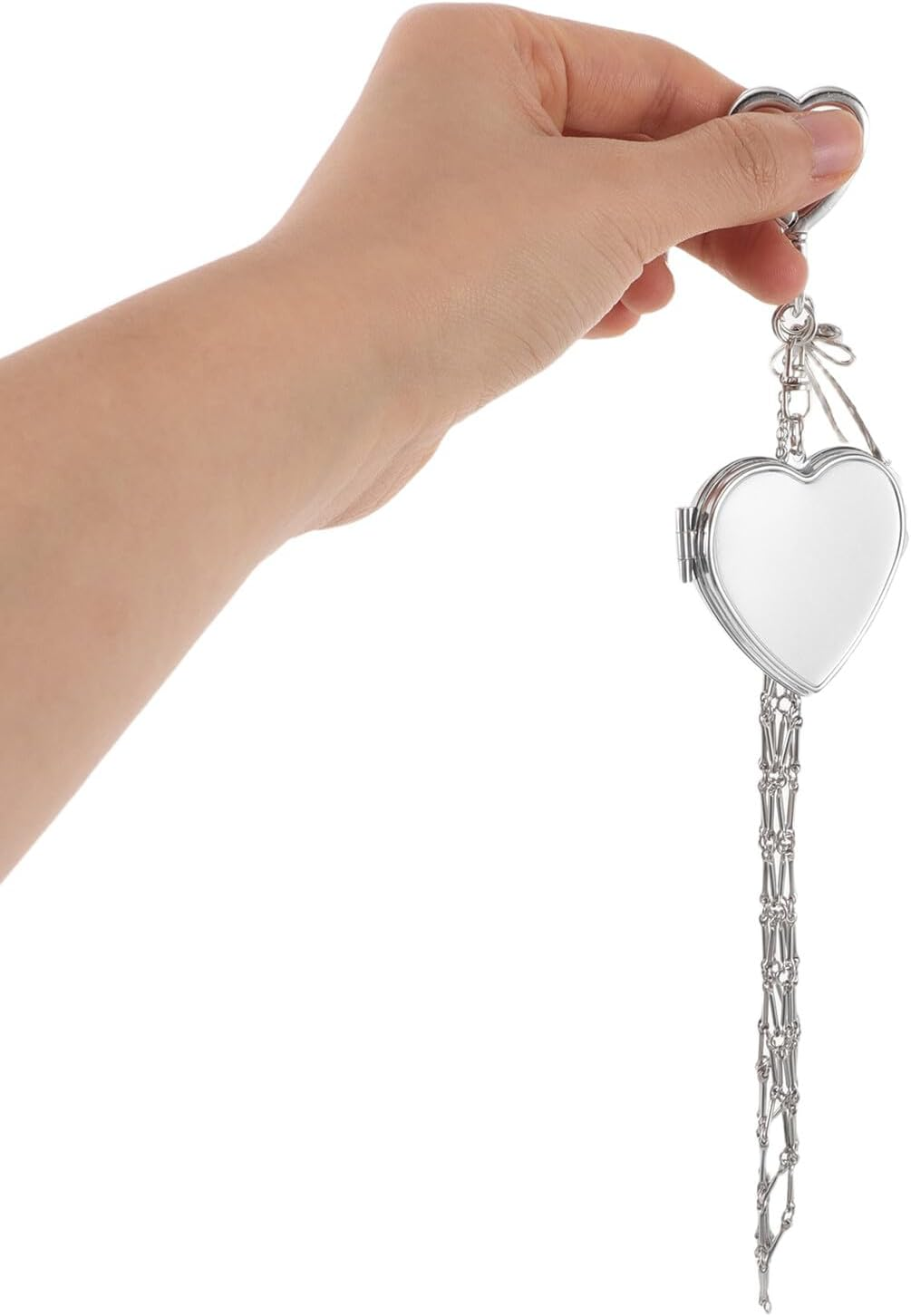 LRXIYODE Stainless Steel Mesh Lipstick Pouch Keychain with Compact Mirror, 16Cm Heart-Shaped Handbag Pendant Charm for Women&rsquo;S Purse and Backpack Makeup Storage image number 6