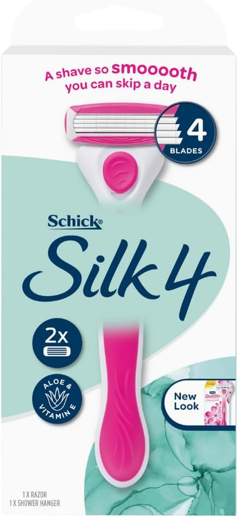 Schick Silk 4 Quattro for Women'S Kit +2 | Razor Handle with 2 Refills | 4 Blade Razor | a Shave so Smooth You Can Skip a Day | Aloe | Vitamin E image number 2